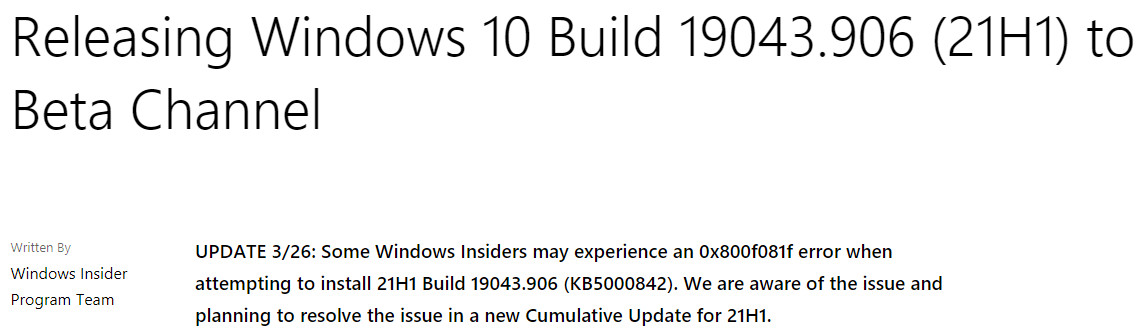 지난 2021-03-26 베타 업데이트 - Windows 10 버전 21H1, 빌드 19043.906 - 공용 누적 업데이트 KB5000842가 일부 설치되지 않는 문제로 다음에 새로운 업데이트가 나올 거라는 MS 블로그 - 영어 2021-03-28_032747.jpg