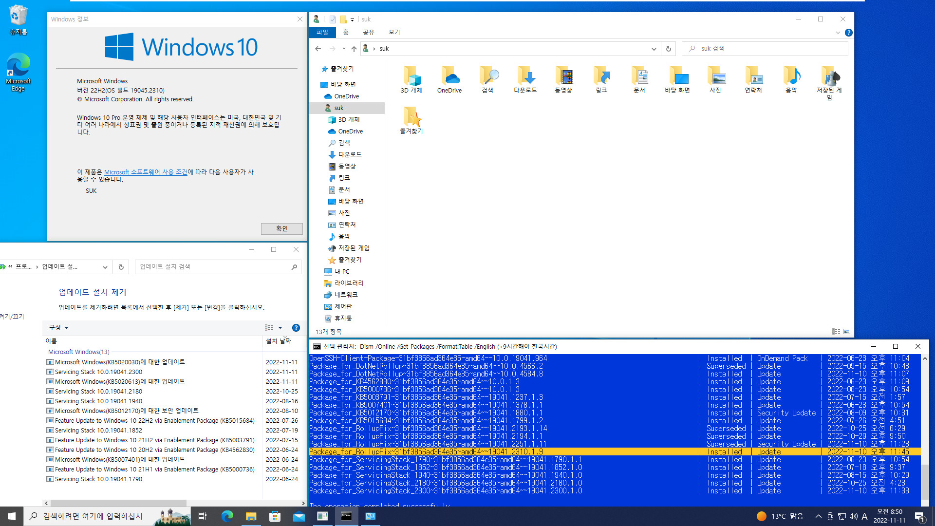 2022-11-11 금요일 - 릴리스 프리뷰 - Windows 10 버전 22H2, 빌드 19045.2310 - 누적 업데이트 KB5020030 - vmware에 설치 테스트 2022-11-11_085025.jpg