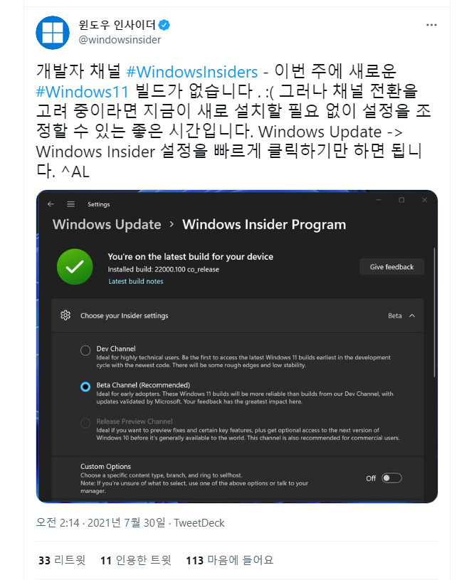 이번 주는 Windows 11 인사이더 프리뷰 없다고 합니다 - 크롬 번역 2021-07-30_022321.jpg