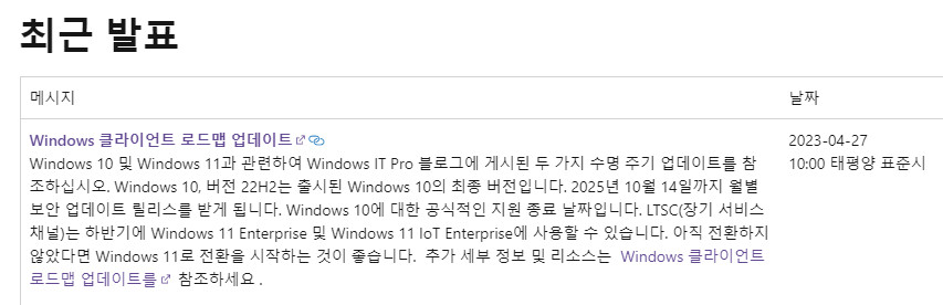 Windows 10 버전 22H2가 마지막 버전입니다. 홈과 프로와 엔터프라이즈 등 일반 에디션은 2025년 10월 14일 [미국기준]까지 지원됩니다. LTSC와 Server 등은 각각 지원 기간이 다릅니다2023-04-28_054717.jpg