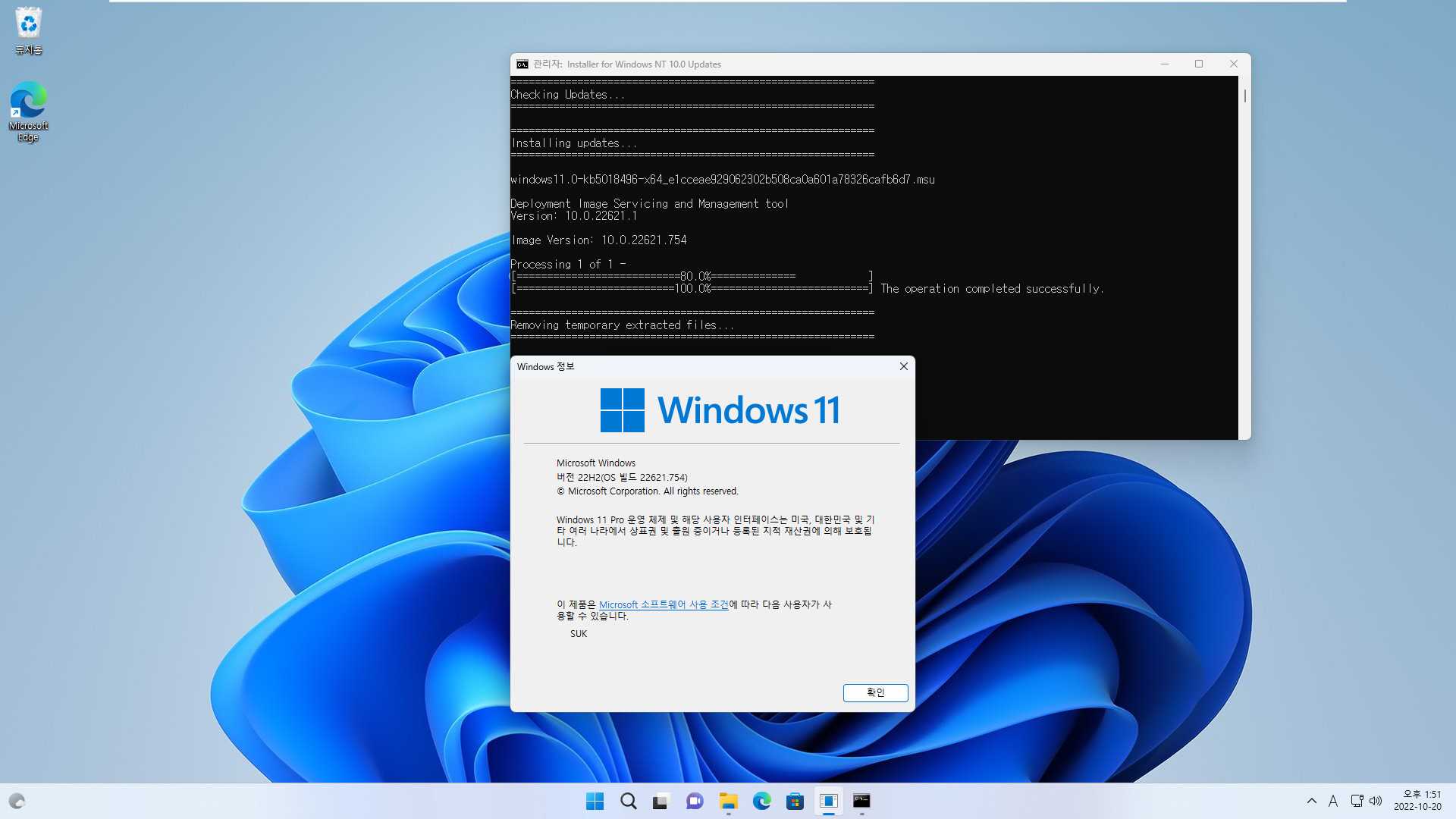 2022-10-26 수요일 - 선택적 업데이트 - Windows 11 버전 22H2, 빌드 22621.755 - 누적 업데이트 KB5018496 - vmware에 설치 - 2022-10-26_105308.jpg
