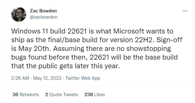 Windows 11 베타 채널 2022-05-12 [한국시간]에 공개된 버전 22H2 (OS 빌드 22621.1)이 RTM 인지 - RTM에 유명한 Zac Bowden 트위터 - 영어 원문 - 이번 주 2022-05-21 토요일까지는 아무 소식이 없습니다. 다음 주 기다려야겠네요 2022-05-21_111645.jpg