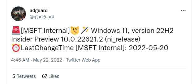 Windows 11 버전 22H2의 RTM이 22621.1 빌드인지 - adguard 트위터에 MS 내부에서 22621.2 빌드 테스트 중이라고 하네요 2022-05-24_031501.jpg