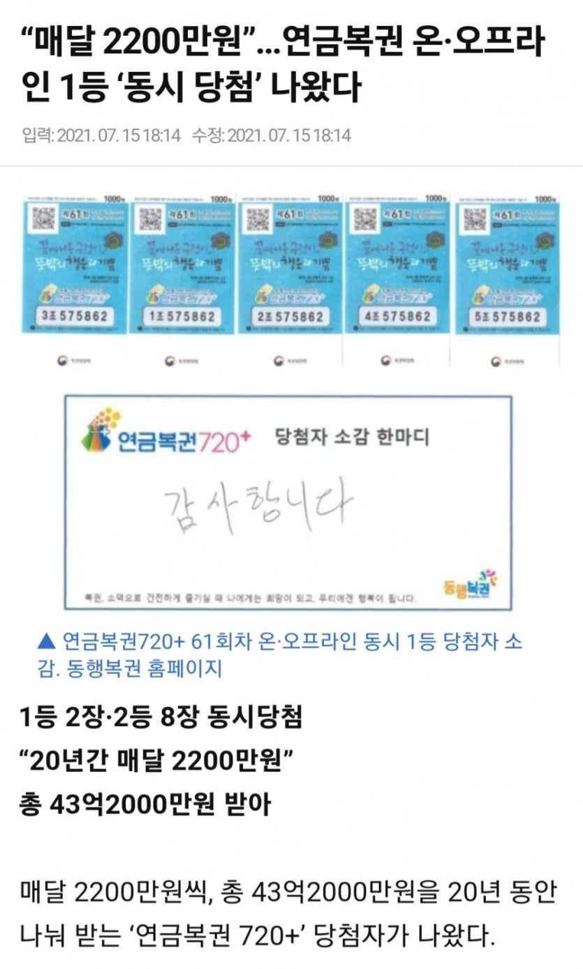 매달 2200만 원 받는 역대급 연금복권 당첨자.jpg