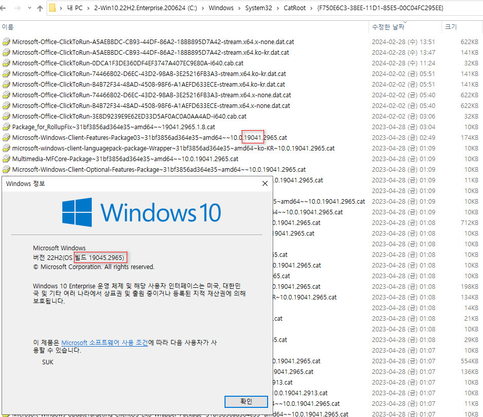 윈도우가 활성화 패키지로 버전 빌드가 올라간 경우, 윈도우 내부 파일들은 전부 원래 윈도우 파일들의 낮은 버전 빌드입니다. 19045 빌드의 원조 윈도우는 19041 입니다. 버전 2004 - 2024-03-29_125320.jpg