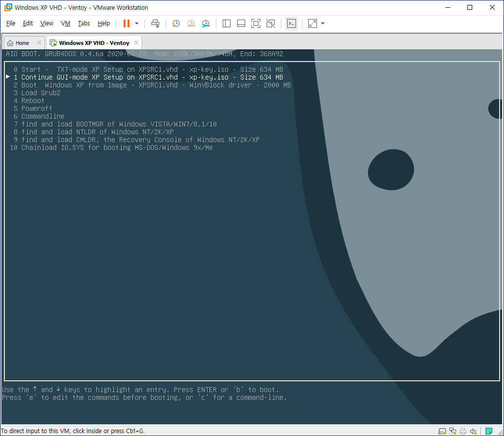 AIO Boot가 v0.9.9.14 부터 XP.vhd 부팅 지원해서 테스트 - vmware를 XP로 설정하여 xp.vhd 설치부터 grub4dos로 해야 하네요 2020-09-23_173800.jpg