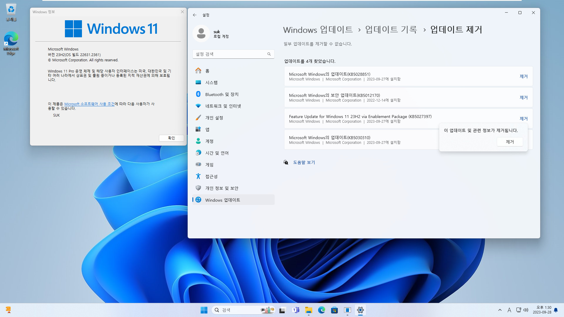 Windows 11 버전 23H2 (22631.2361 빌드) 정식 출시 전의 릴리스 프리뷰 - 버그가 있으면 둘다 제거할 수 있습니다 2023-09-28_133036.jpg