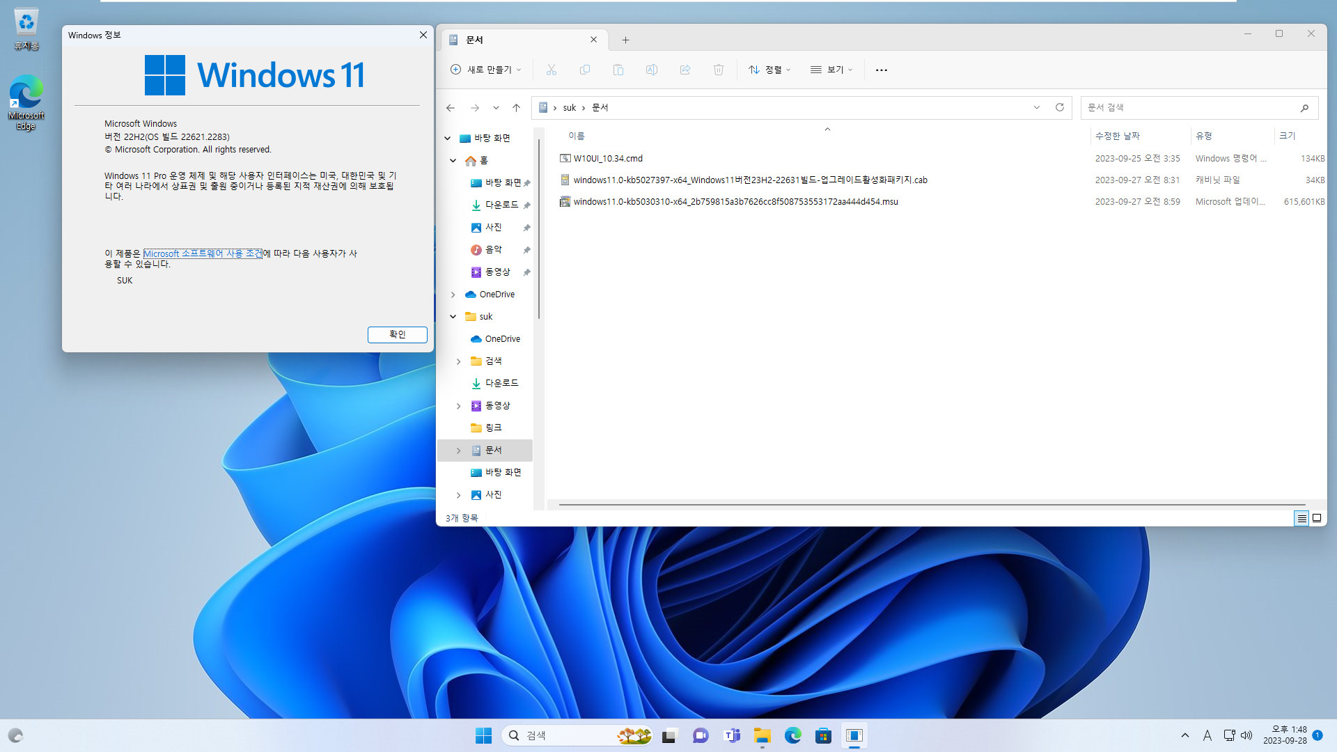 Windows 11 버전 23H2 (22631.2361 빌드) 정식 출시 전의 릴리스 프리뷰 - 버그가 있으면 둘다 제거할 수 있습니다 2023-09-28_134819.jpg