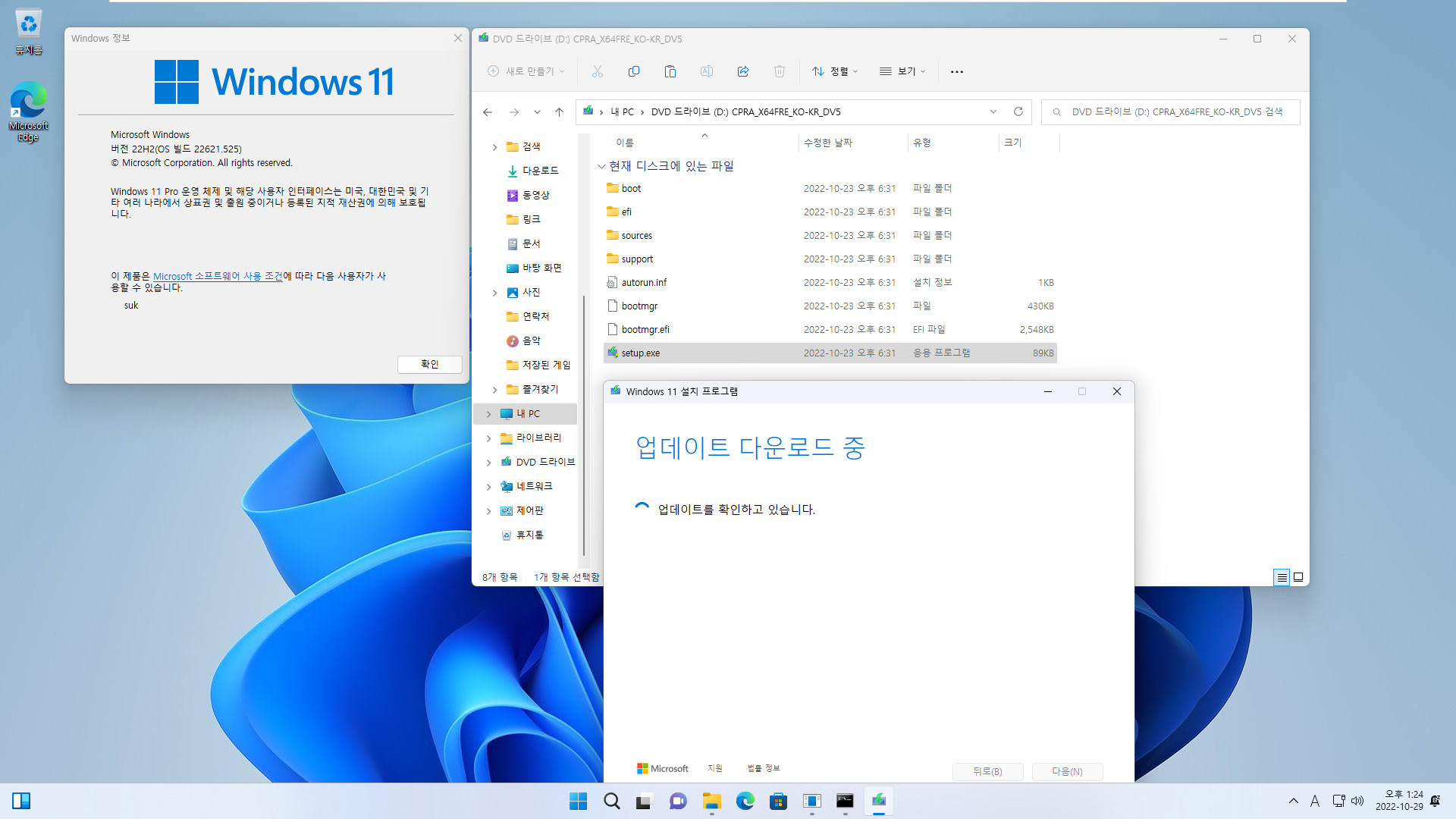 Windows 11 우회 설치 - 윈도우상에서 패치 - 22621.525 빌드에서 Windows 11 최신 개발자 채널 (25231.1000 빌드) PRO로 업그레이드 설치 (Skip_TPM_Check_on_Dynamic_Update_2022.10.02 V10.cmd 사용) 2022-10-29_132421.jpg