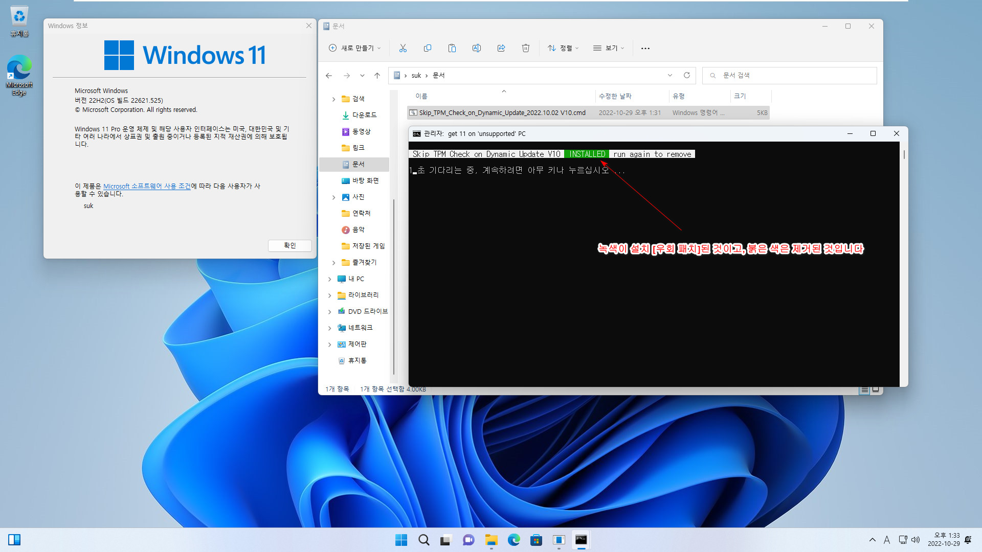 Windows 11 우회 설치 - 윈도우상에서 패치 - 22621.525 빌드에서 Windows 11 최신 개발자 채널 (25231.1000 빌드) PRO로 업그레이드 설치 (Skip_TPM_Check_on_Dynamic_Update_2022.10.02 V10.cmd 사용) 2022-10-29_133308.jpg