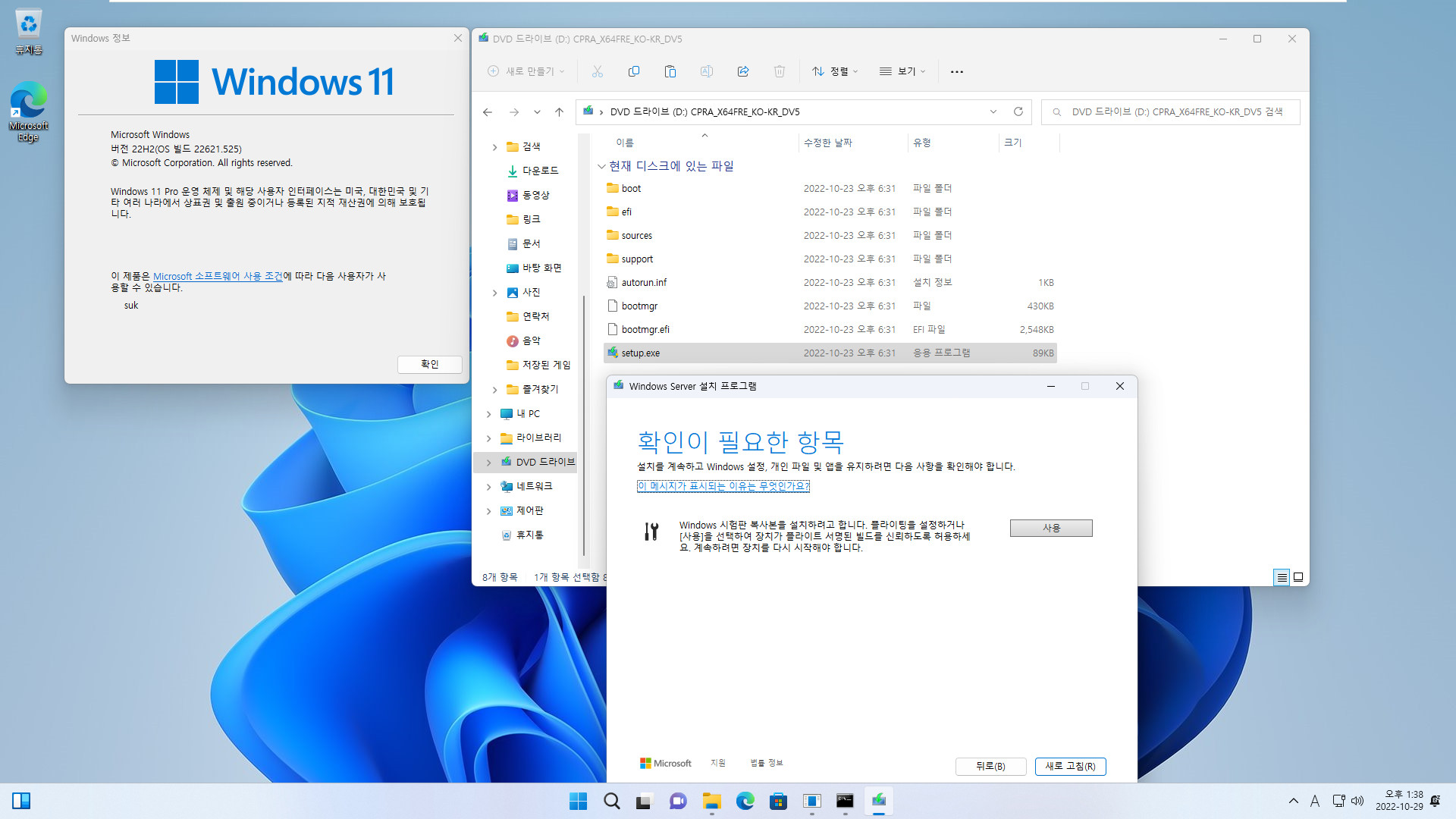 Windows 11 우회 설치 - 윈도우상에서 패치 - 22621.525 빌드에서 Windows 11 최신 개발자 채널 (25231.1000 빌드) PRO로 업그레이드 설치 (Skip_TPM_Check_on_Dynamic_Update_2022.10.02 V10.cmd 사용) 2022-10-29_133824.jpg