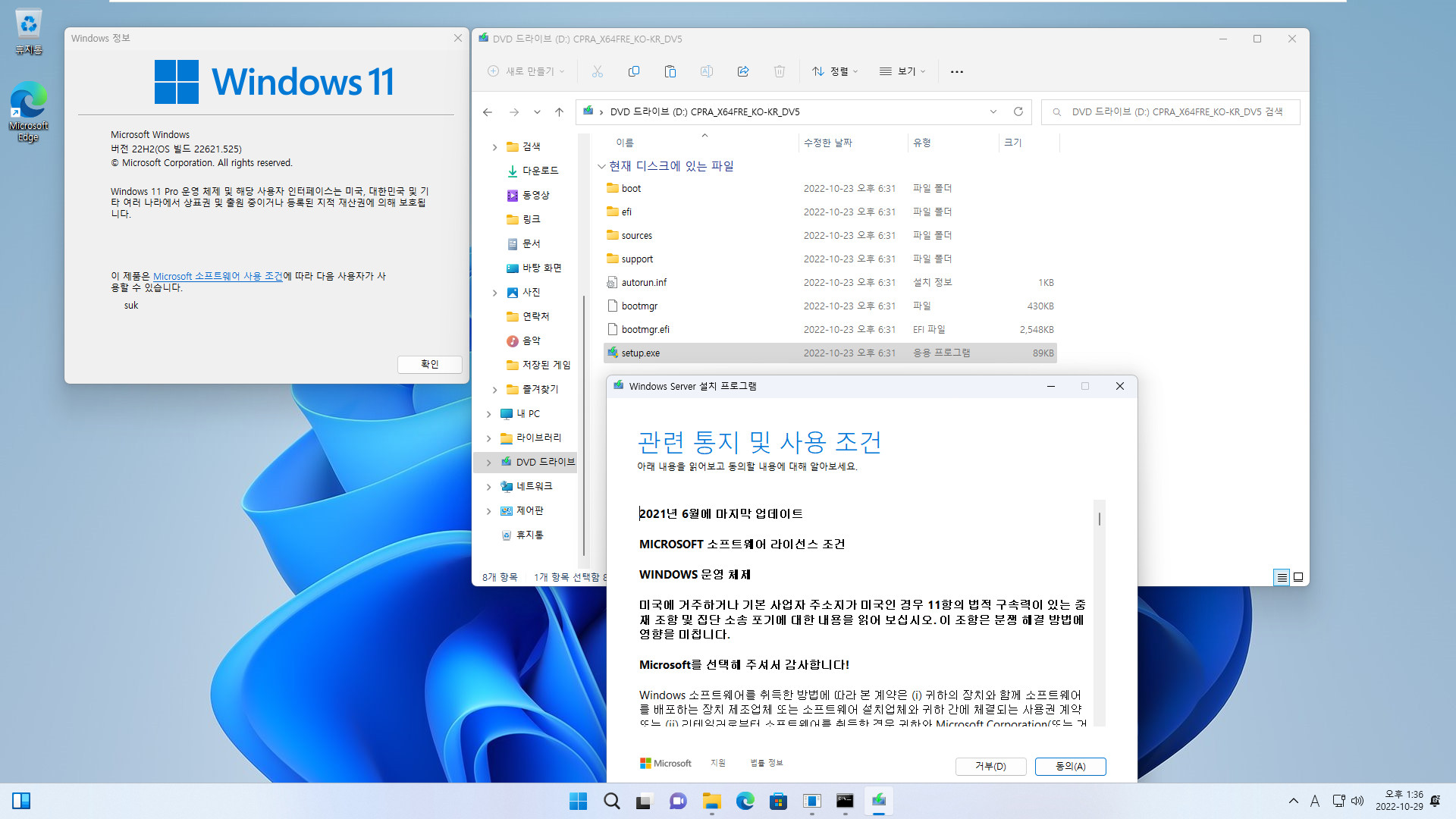 Windows 11 우회 설치 - 윈도우상에서 패치 - 22621.525 빌드에서 Windows 11 최신 개발자 채널 (25231.1000 빌드) PRO로 업그레이드 설치 (Skip_TPM_Check_on_Dynamic_Update_2022.10.02 V10.cmd 사용) 2022-10-29_133627.jpg