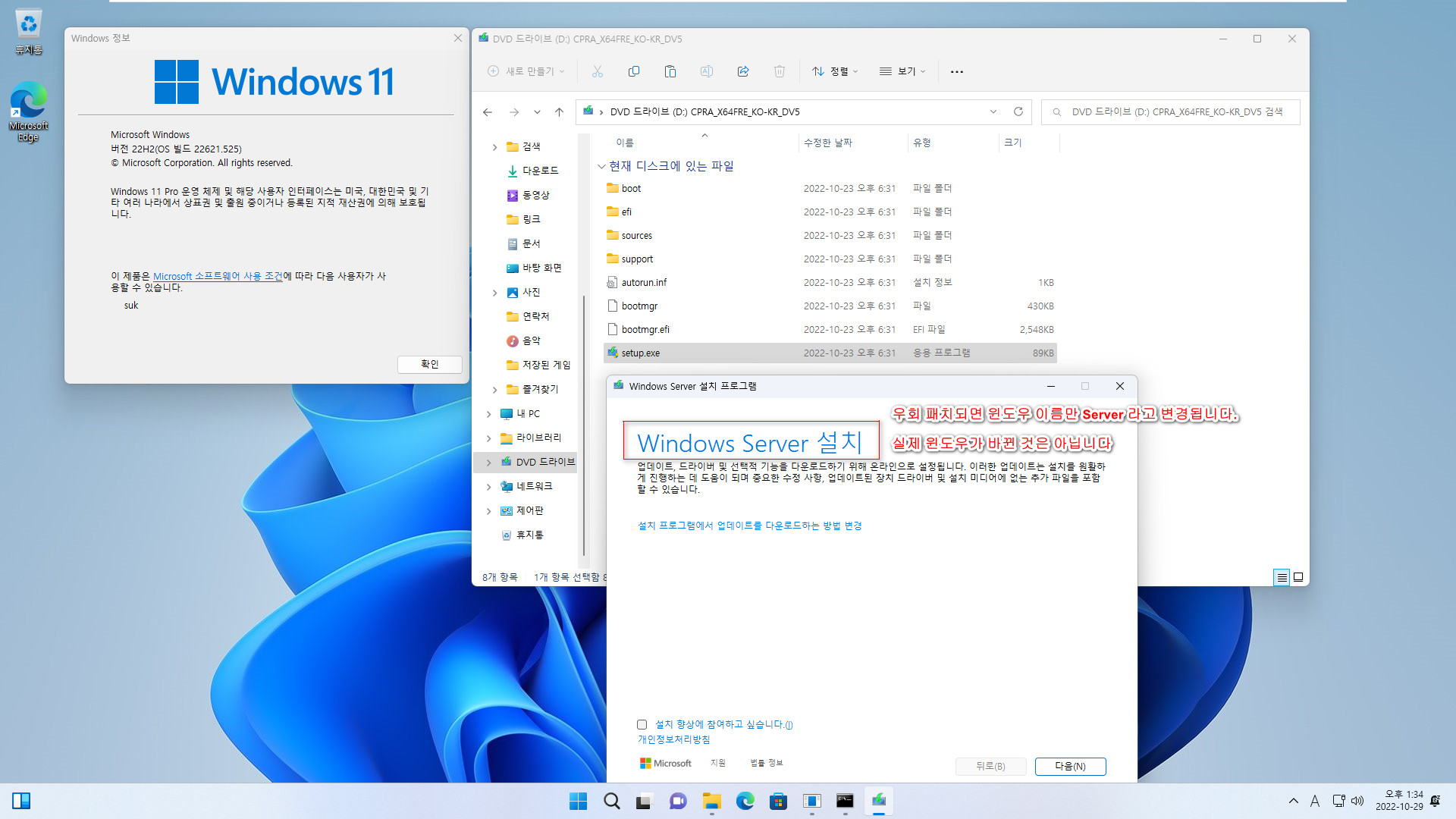 Windows 11 우회 설치 - 윈도우상에서 패치 - 22621.525 빌드에서 Windows 11 최신 개발자 채널 (25231.1000 빌드) PRO로 업그레이드 설치 (Skip_TPM_Check_on_Dynamic_Update_2022.10.02 V10.cmd 사용) 2022-10-29_133456.jpg