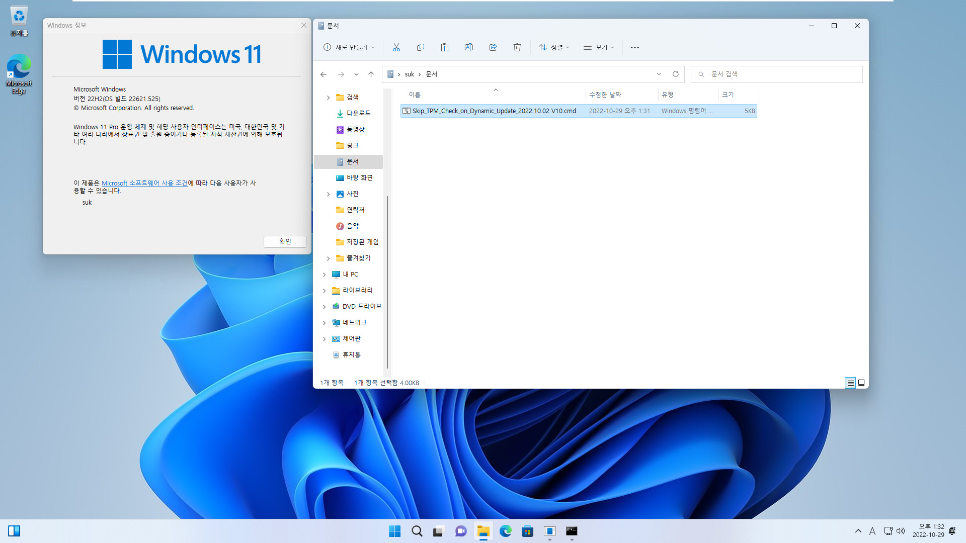 Windows 11 우회 설치 - 윈도우상에서 패치 - 22621.525 빌드에서 Windows 11 최신 개발자 채널 (25231.1000 빌드) PRO로 업그레이드 설치 (Skip_TPM_Check_on_Dynamic_Update_2022.10.02 V10.cmd 사용) 2022-10-29_133229.jpg