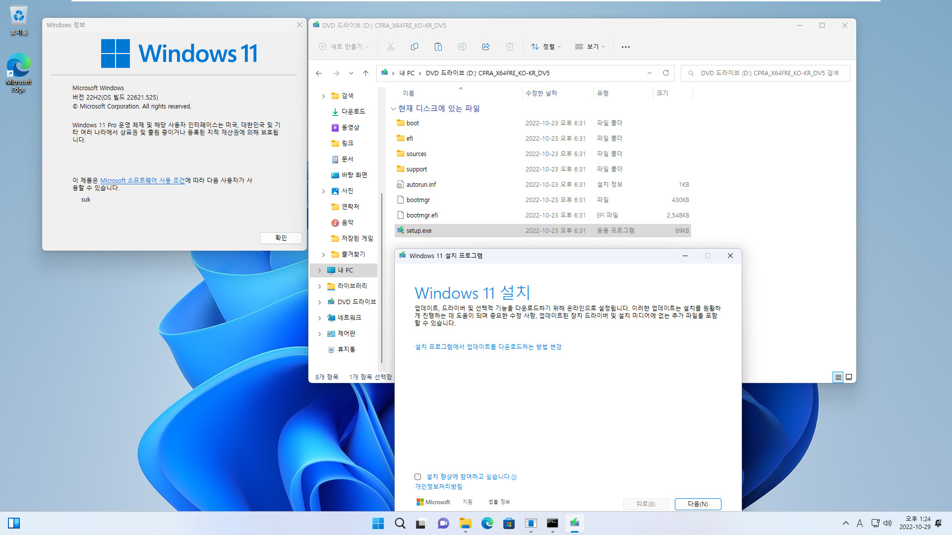 Windows 11 우회 설치 - 윈도우상에서 패치 - 22621.525 빌드에서 Windows 11 최신 개발자 채널 (25231.1000 빌드) PRO로 업그레이드 설치 (Skip_TPM_Check_on_Dynamic_Update_2022.10.02 V10.cmd 사용) 2022-10-29_132409.jpg