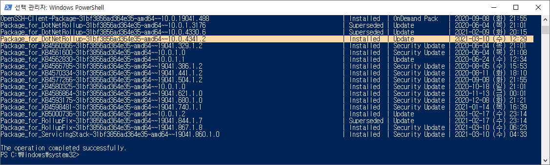 2021-03-10 수요일 정기 업데이트 - Windows 10 버전 21H1, 빌드 19043.867, 누적 업데이트 KB5000802 - 실컴에 설치함 - 2월 선택 업데이트에 나온 닷넷 4.8 업데이트도 설치함 2021-03-10_213313.jpg