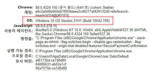 Windows 10 21H1 패키지 8개 설치하여 19043 빌드로 업그레이드 - 크롬에서 OS 버전도 21H1으로 수정했는데 빌드는 아직 수정 방법 모릅니다 2021-02-06_175010.jpg