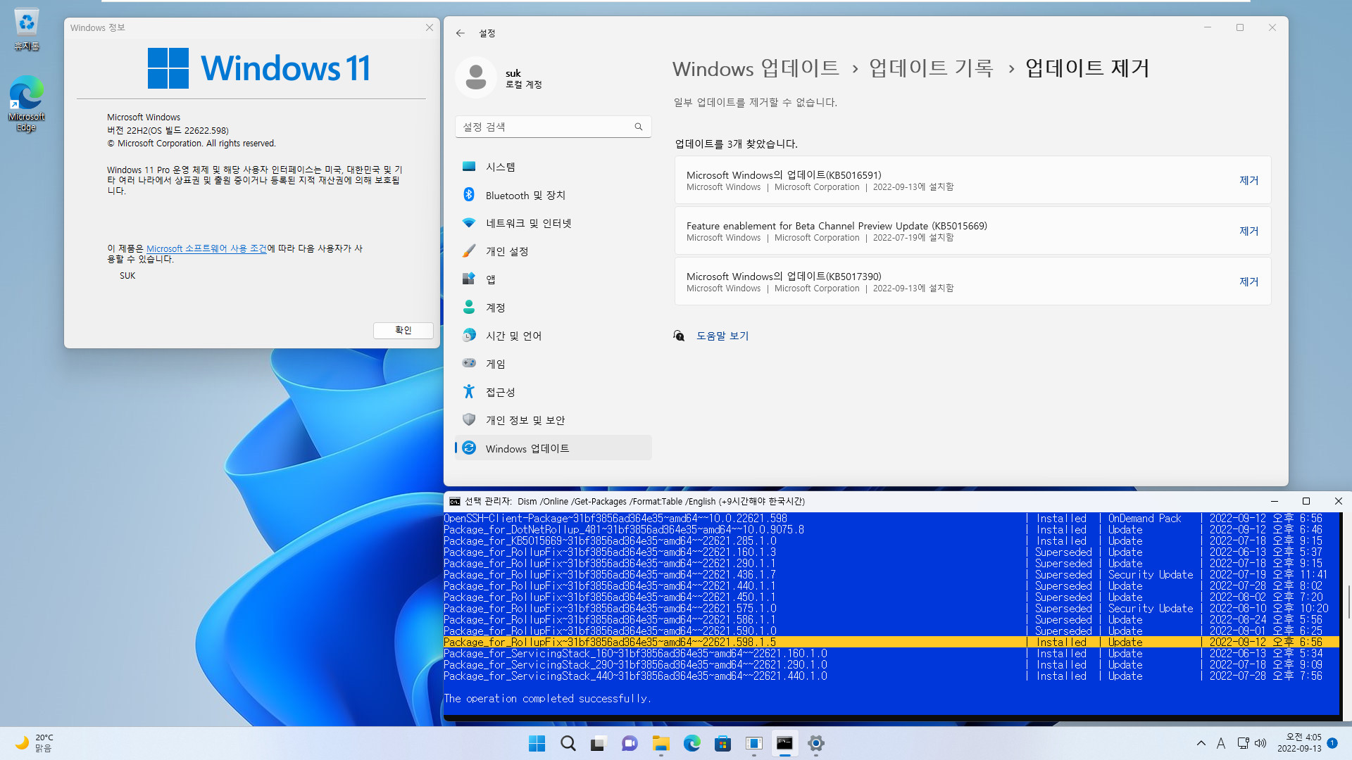 2022-09-13 화요일 - 베타 채널 - Windows 11 버전 22H2, 빌드 22622.598 + 22621.598 - 누적 업데이트 KB5017390 - vmware에 설치 테스트 2022-09-13_040501.jpg