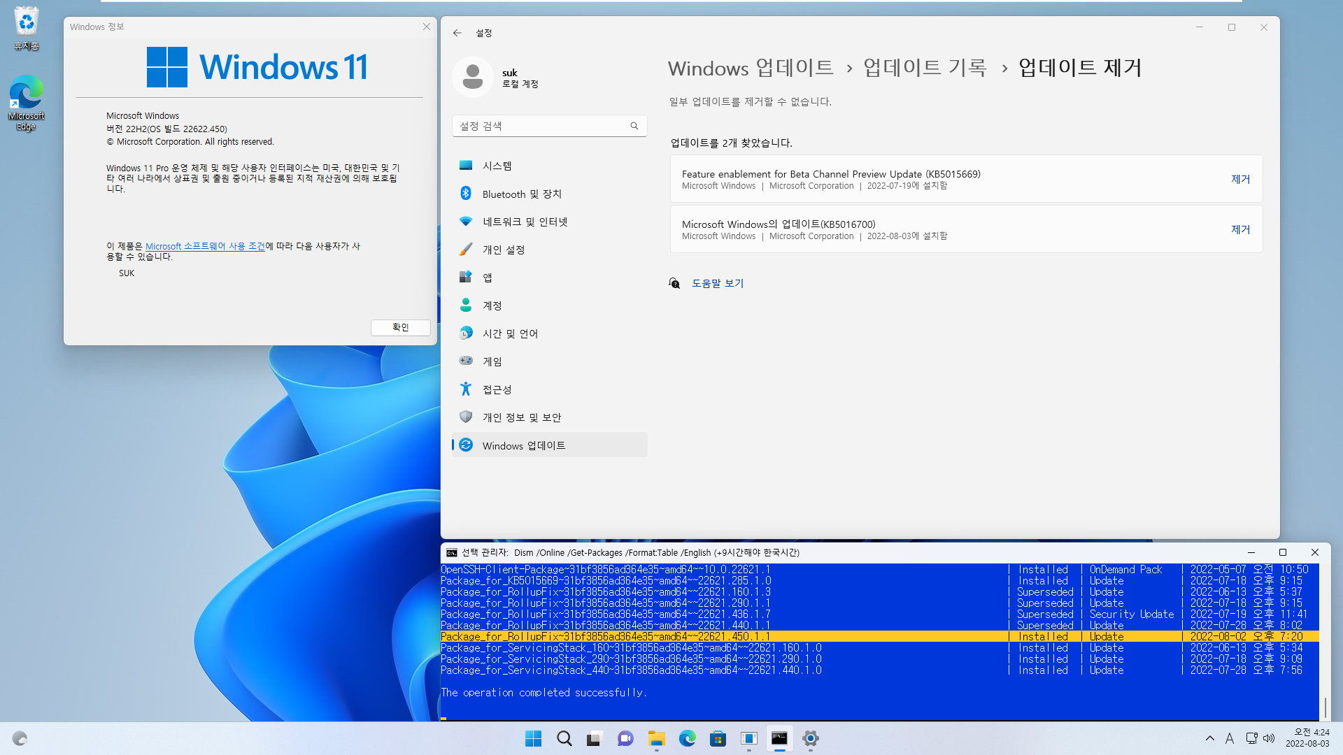 2022-08-03 수요일 - 베타 채널 - Windows 11 버전 22H2, 빌드 22622.450 + 22621.450 - 누적 업데이트 KB5016700 - vmware에 설치 테스트 - 2022-08-03_042415.jpg