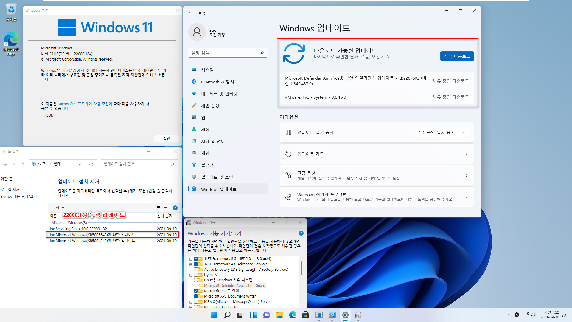 Windows 11 인사이더 프리뷰 - 버전 21H2 (OS 빌드 22000.184) 나왔네요 - 베타 채널 + 릴리스 프리뷰 채널 2021-09-10_042242.jpg
