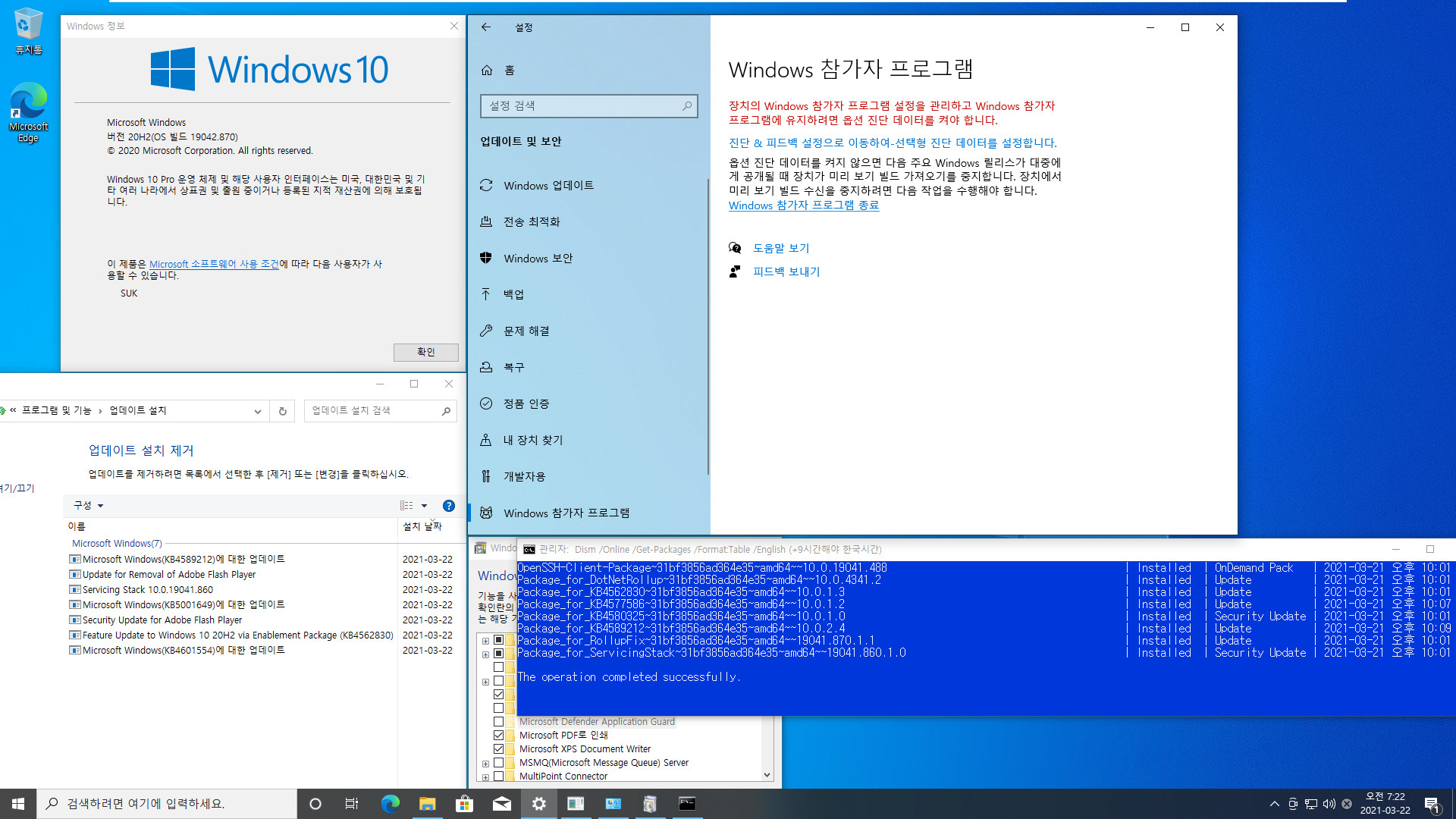 2021-03-22 정식 업데이트 확인 - KB5001649 - Windows 10 버전 20H2 (OS 빌드 19042.870) 2021-03-19일자 선택적 업데이트까지 가능함 2021-03-22_072236.jpg