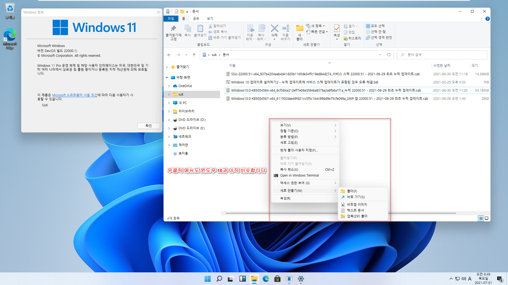 최초의 Windows 11 버전 21H2 - 22000.51 빌드와 22000.1 빌드 차이점들 - 22000.51 누적 업데이트 설치하기 위하여 개발자 채널 활성 2021-07-01_064902.jpg