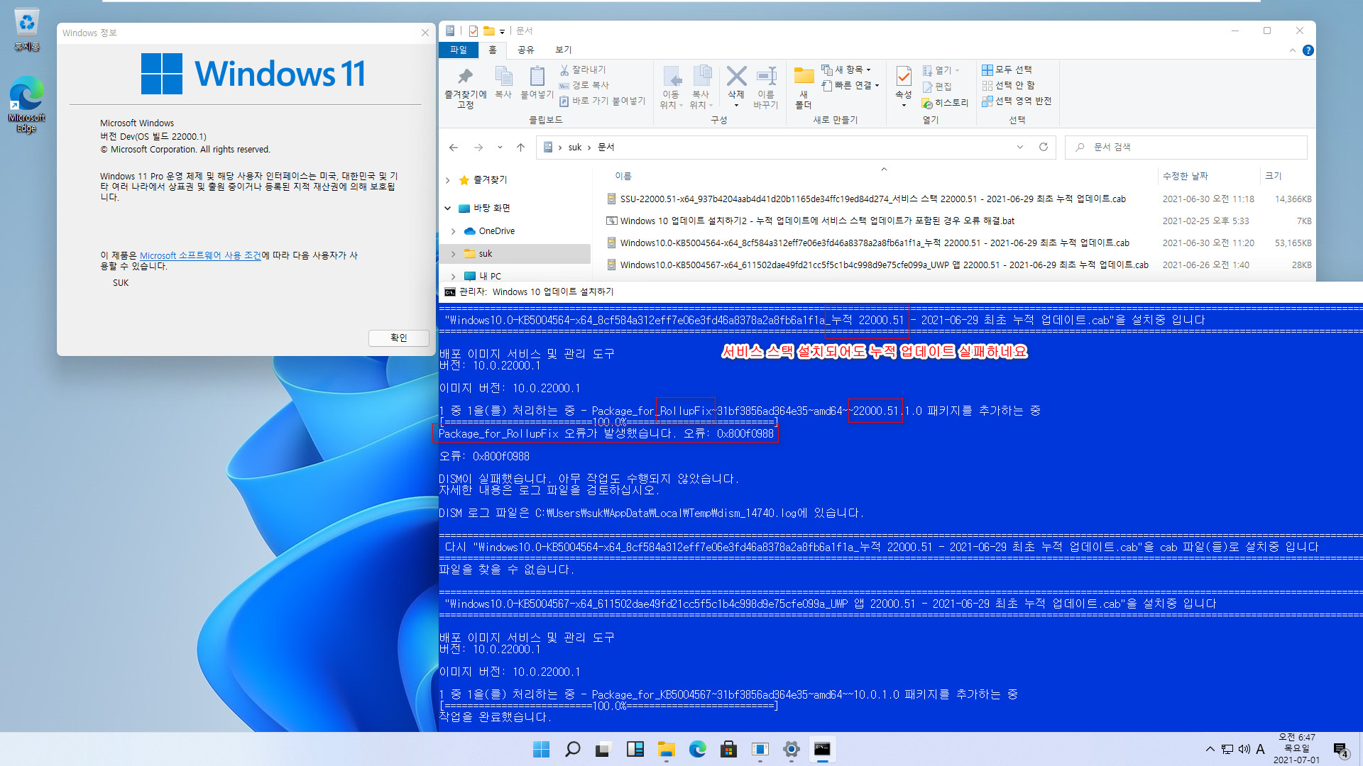 최초의 Windows 11 버전 21H2 - 22000.51 빌드와 22000.1 빌드 차이점들 - 22000.51 누적 업데이트 설치하기 위하여 개발자 채널 활성 2021-07-01_064711.jpg