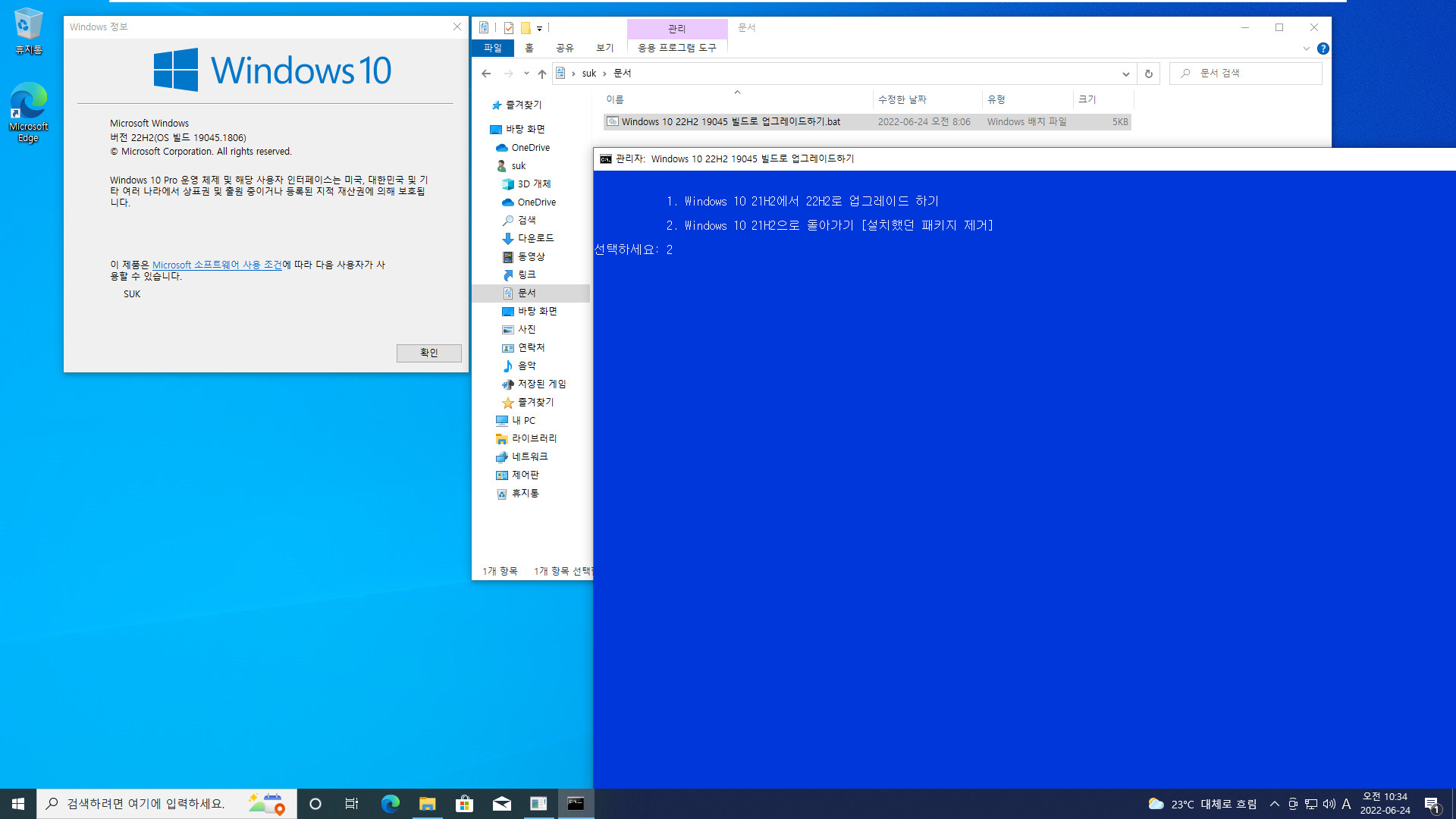 Windows 10 22H2 19045 빌드로 업그레이드하기.bat 테스트 2022-06-24_103419.jpg