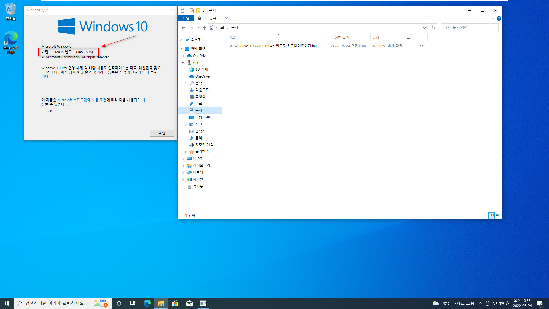 Windows 10 22H2 19045 빌드로 업그레이드하기.bat 테스트 2022-06-24_103330.jpg