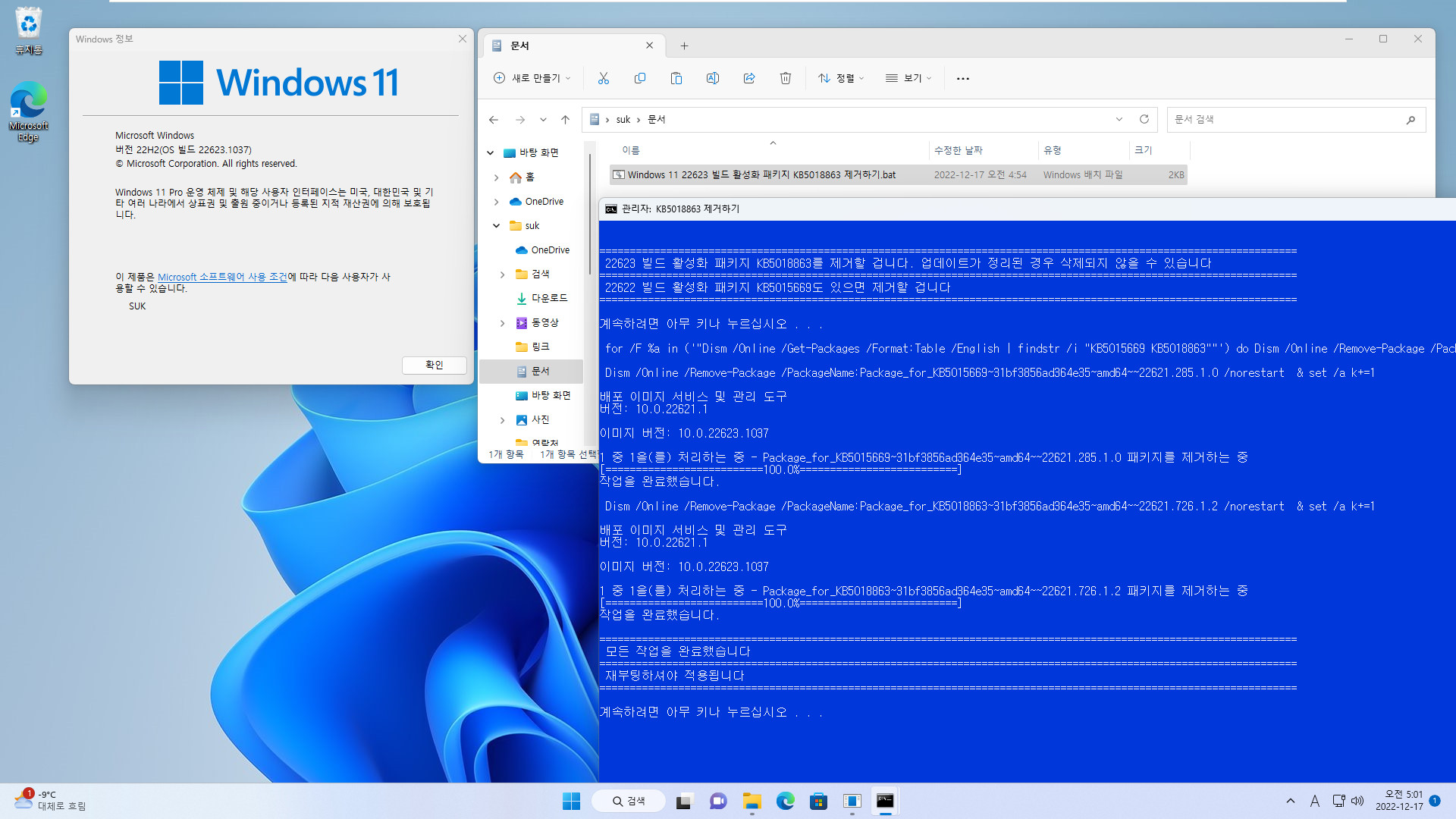 Windows 11 22623 빌드 활성화 패키지 KB5018863 제거하기.bat 테스트 2022-12-17_050131.jpg