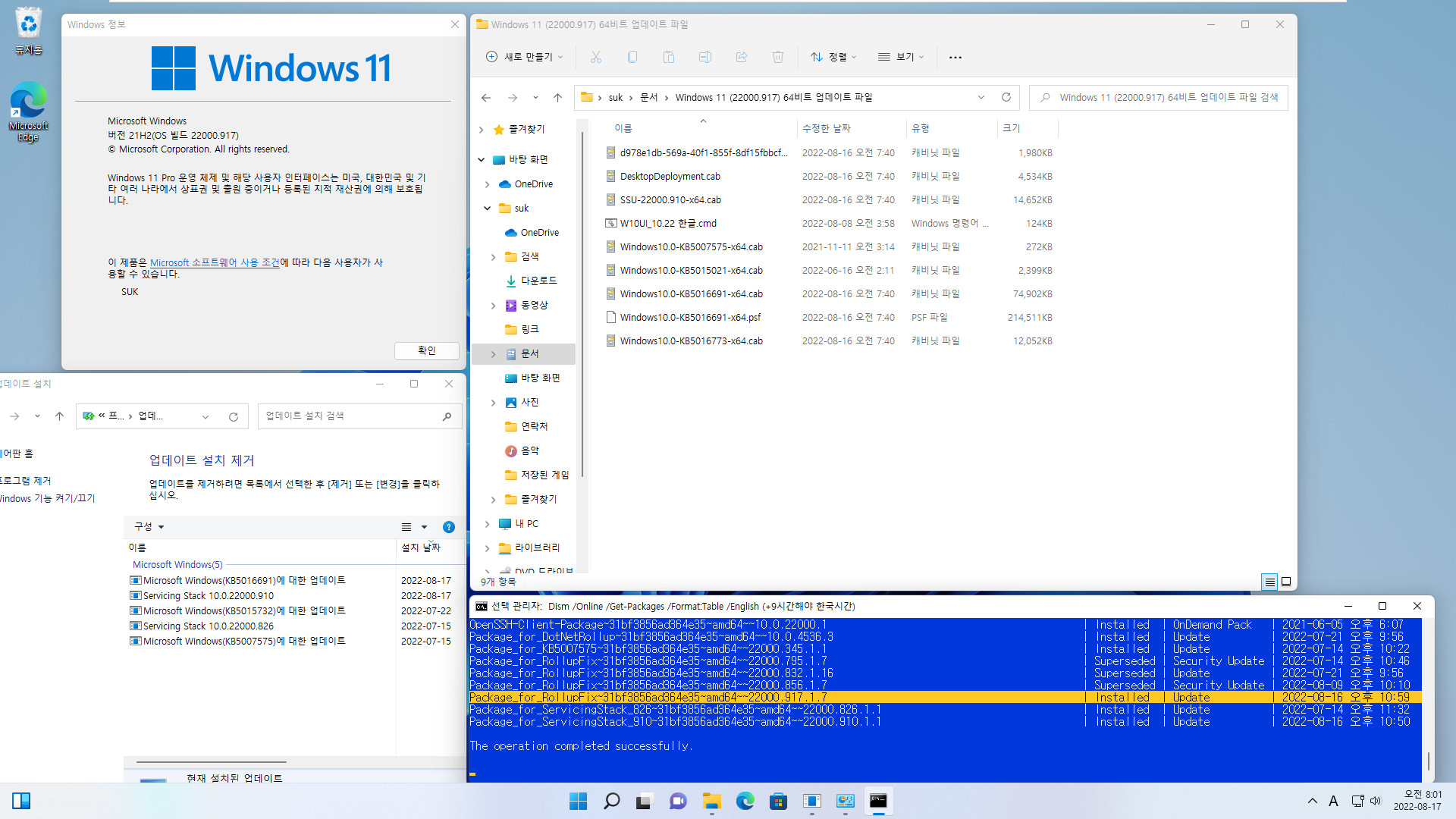 2022-08-17 수요일 - 릴리스 프리뷰 채널 - Windows 11 버전 21H2, 빌드 22000.917 - 누적 업데이트 KB5016691 - vmware에 설치 테스트 - 2022-08-17_080156.jpg