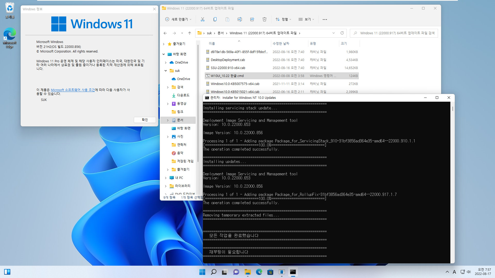 2022-08-17 수요일 - 릴리스 프리뷰 채널 - Windows 11 버전 21H2, 빌드 22000.917 - 누적 업데이트 KB5016691 - vmware에 설치 테스트 - 2022-08-17_075751.jpg