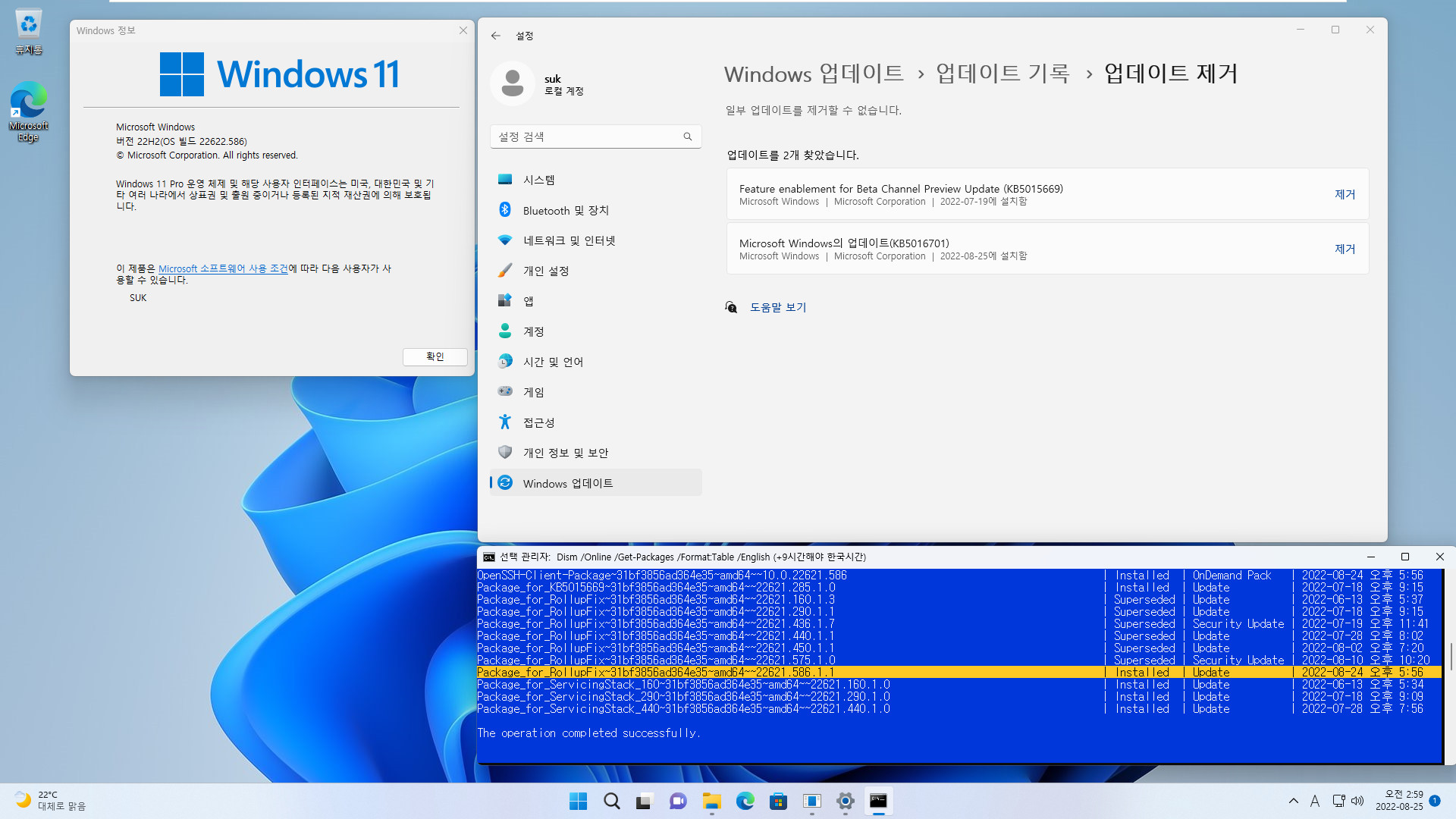 2022-08-25 목요일 - 베타 채널 - Windows 11 버전 22H2, 빌드 22622.586 + 22621.586 - 누적 업데이트 KB5016701 - vmware에 설치 테스트 2022-08-25_025925.jpg