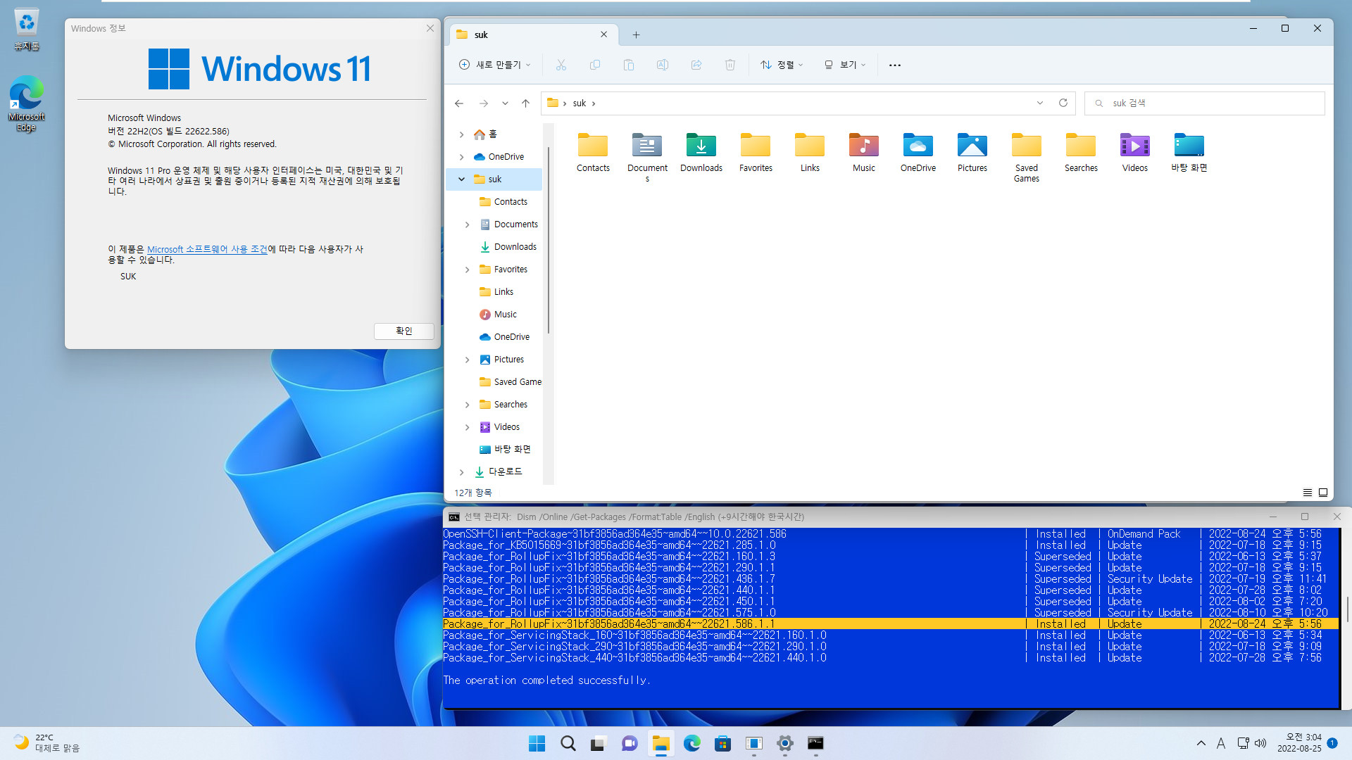 2022-08-25 목요일 - 베타 채널 - Windows 11 버전 22H2, 빌드 22622.586 + 22621.586 - 누적 업데이트 KB5016701 - vmware에 설치 테스트 - 사용자 폴더 이름들이 영어로 변경되는 버그가 있네요 2022-08-25_030438.jpg