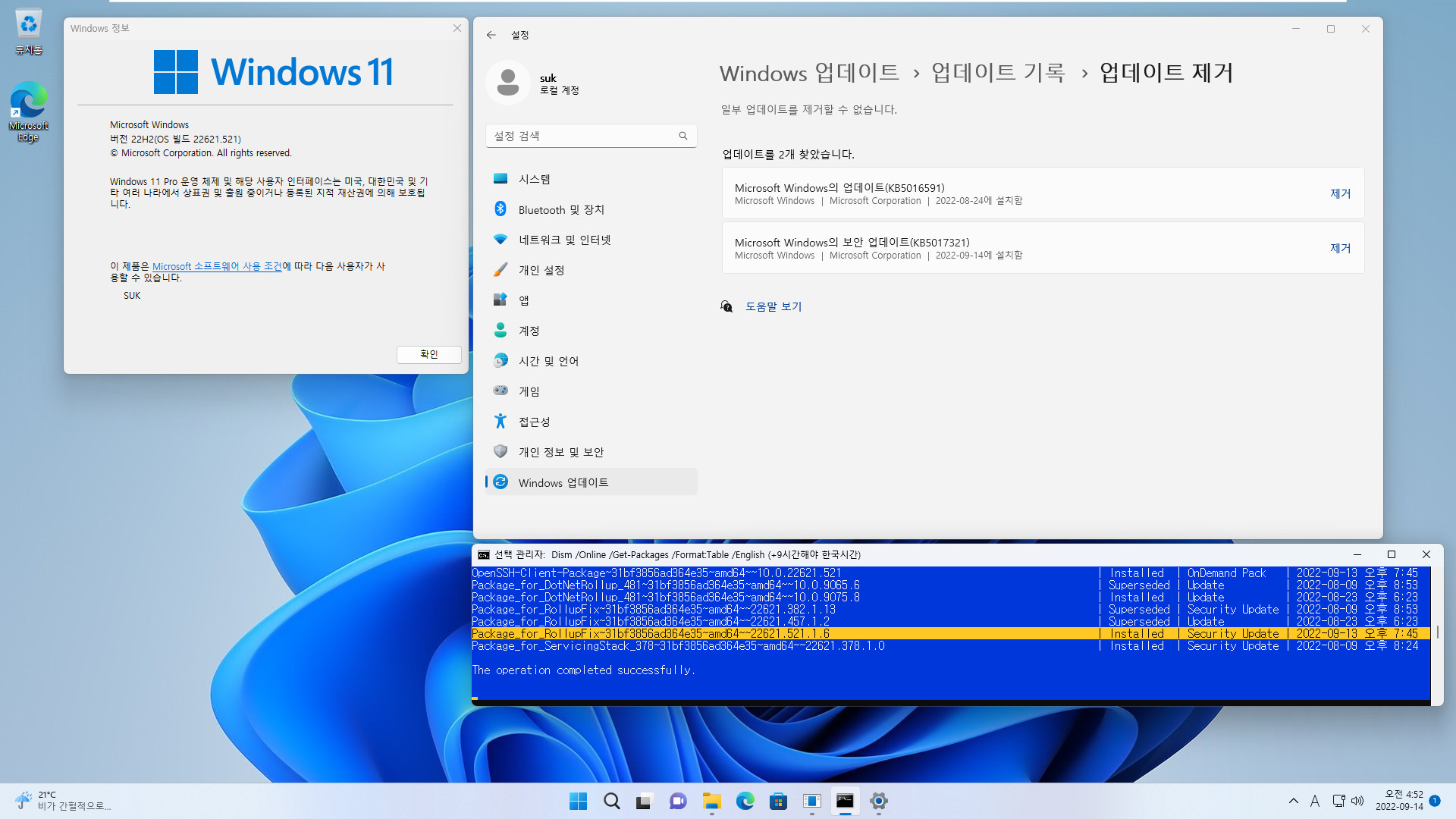 2022-09-14 수요일 - 릴리스 프리뷰 채널 (정기 업데이트) - Windows 11 버전 22H2, 빌드 22621.521 - 누적 업데이트 KB5017321 - vmware에 설치 테스트 2022-09-14_045205.jpg