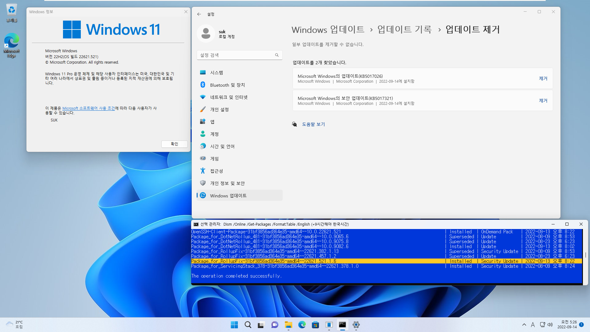 2022-09-14 수요일 - 릴리스 프리뷰 채널 (정기 업데이트) - Windows 11 버전 22H2, 빌드 22621.521 - 누적 업데이트 KB5017321 - vmware에 설치 테스트 2022-09-14_052627.jpg