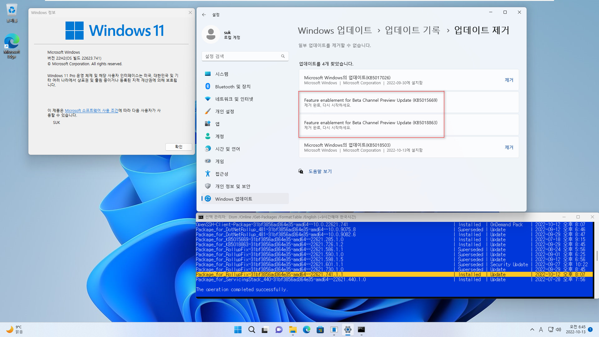 베타 업데이트 Windows 11 버전 22H2 (OS 빌드 22623.741)에서 정식 업데이트 22621.674 빌드로 변경하는 테스트 2022-10-13_064542.jpg