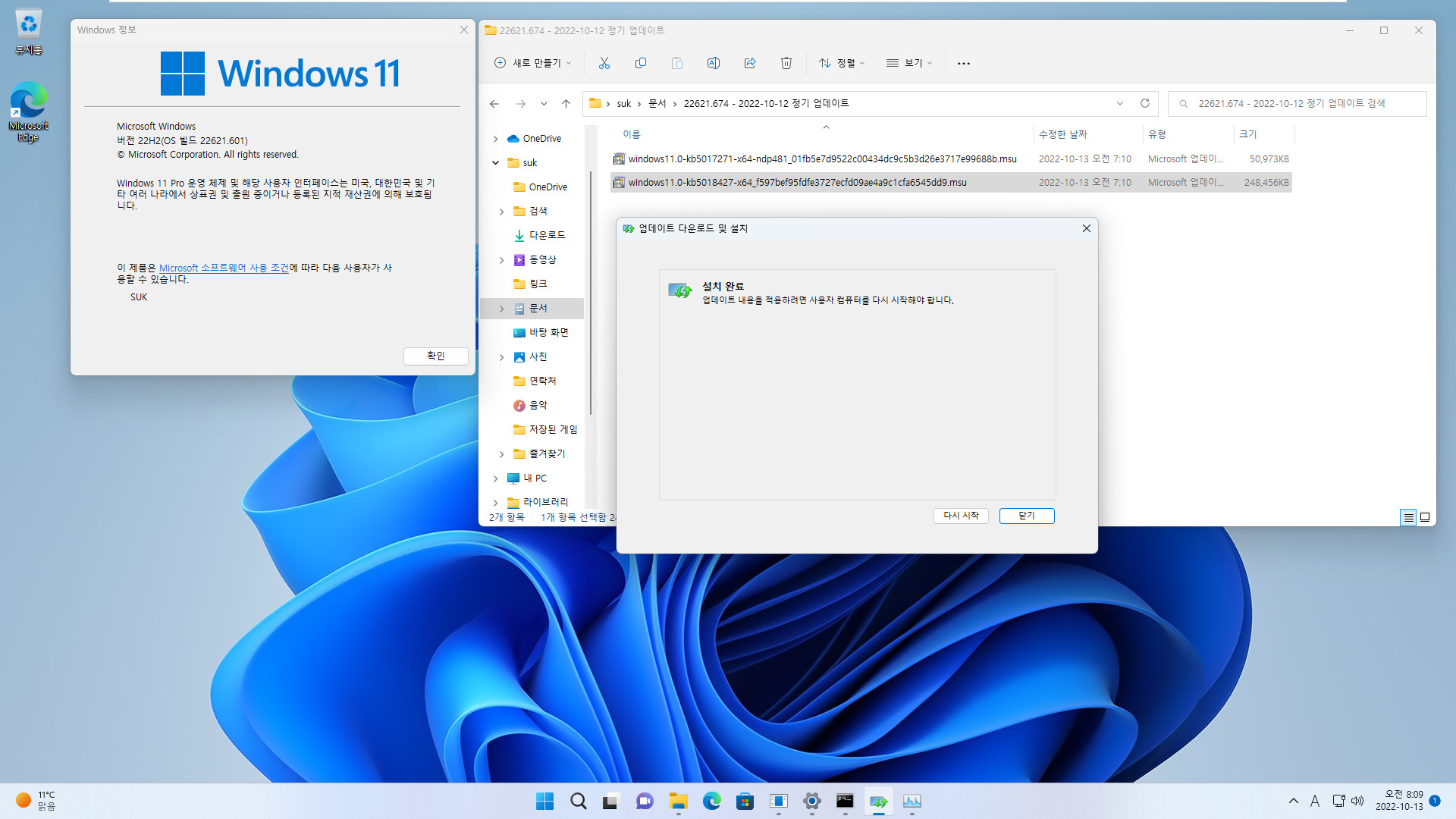 베타 업데이트 Windows 11 버전 22H2 (OS 빌드 22623.741)에서 정식 업데이트 22621.674 빌드로 변경하는 테스트 2022-10-13_080910.jpg