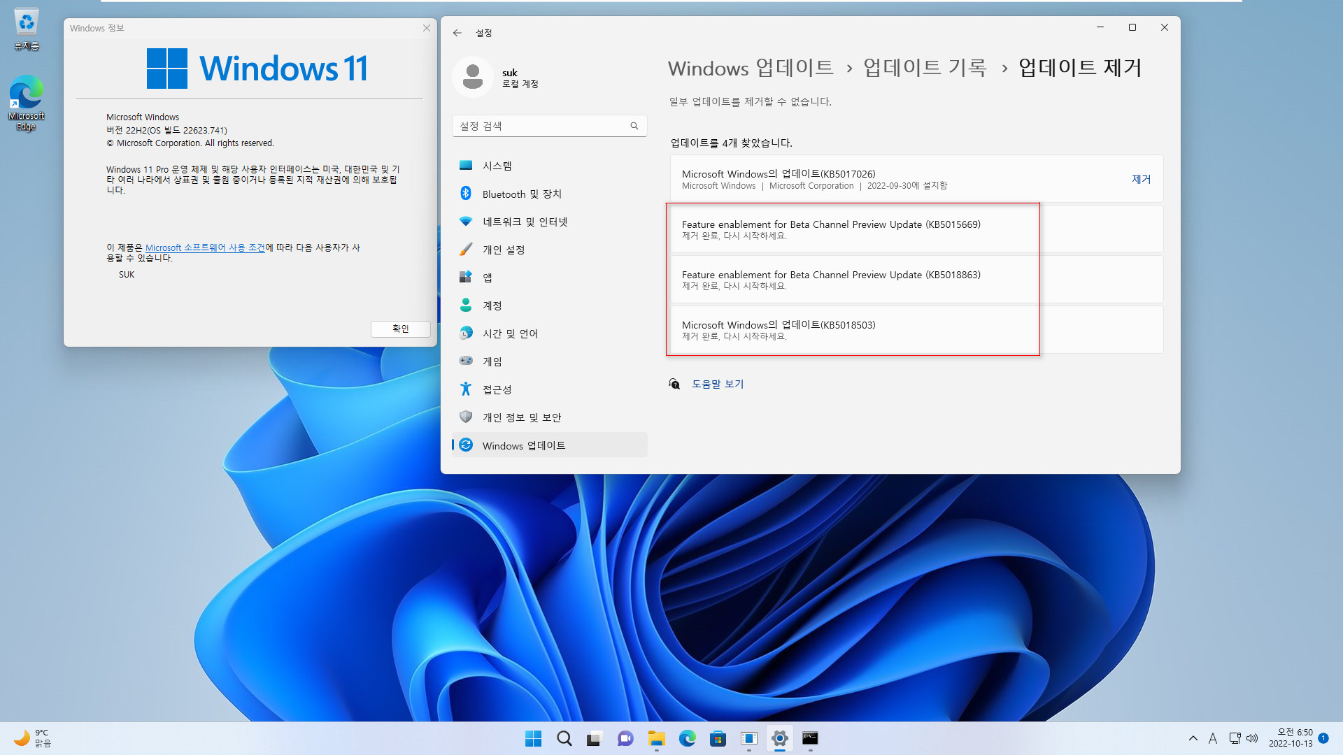 베타 업데이트 Windows 11 버전 22H2 (OS 빌드 22623.741)에서 정식 업데이트 22621.674 빌드로 변경하는 테스트 2022-10-13_065029.jpg