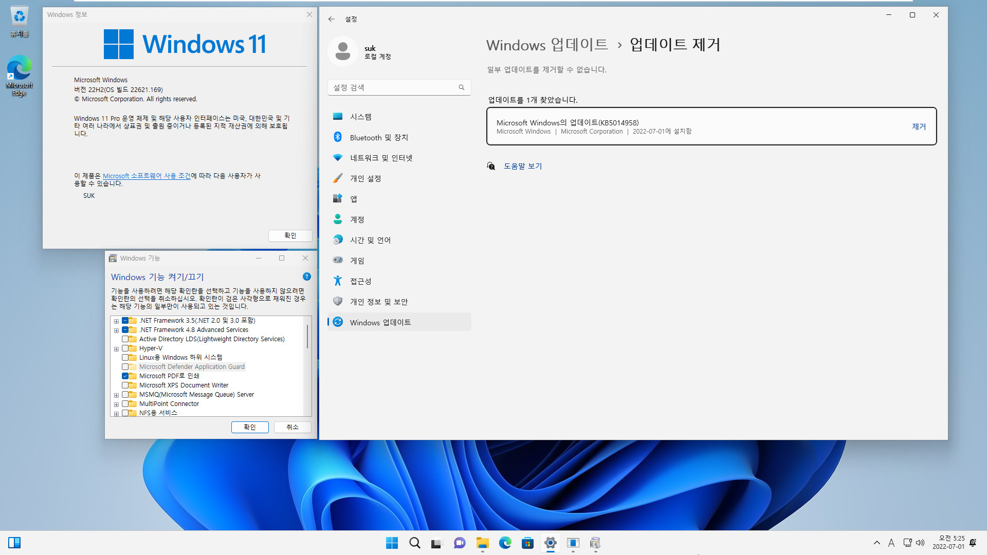 2022-07-01 금요일 - 릴리스 프리뷰 - PRO x64 통합 - Windows 11 버전 22H2, 빌드 22621.169 - 누적 업데이트 KB5014958 - 2022-07-01_052545.jpg