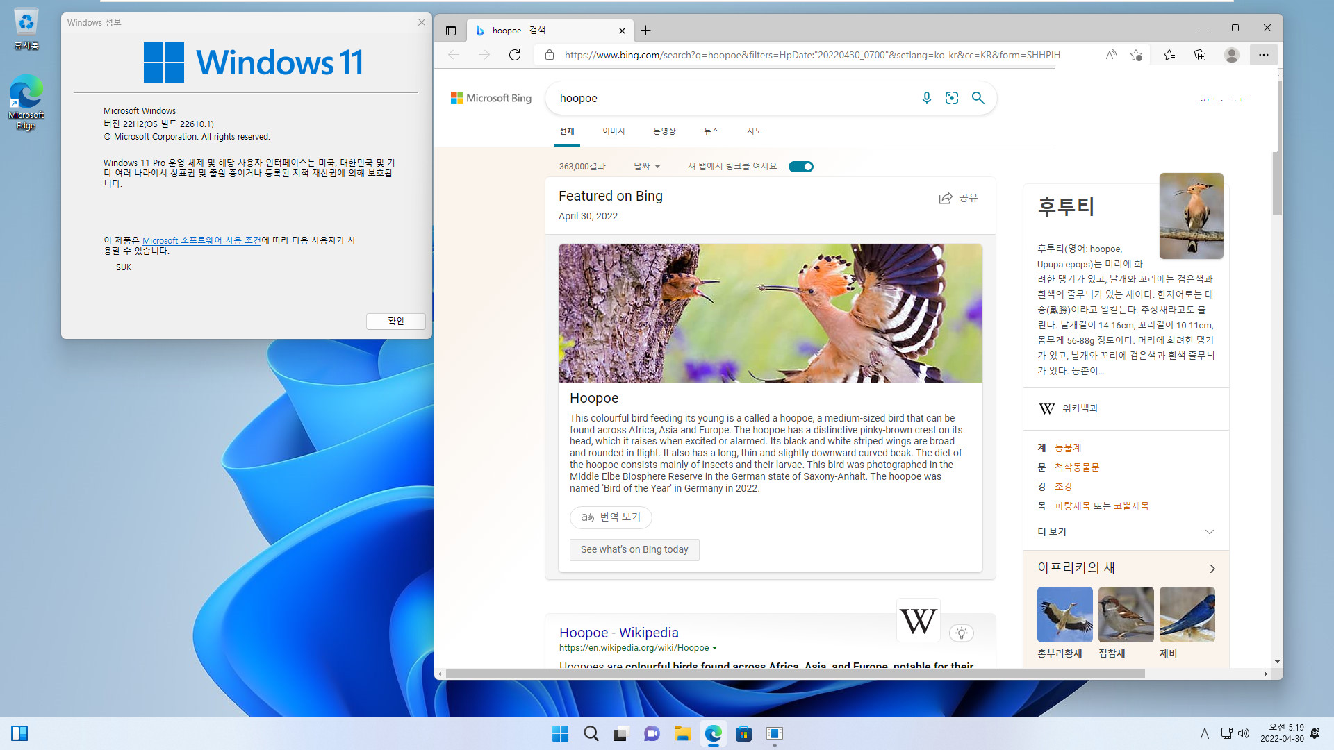Windows 11 개발자 채널 - 버전 22H2 (OS 빌드 22610.1) 나왔네요 (인사이더 프리뷰) - 평가본 만료 날짜X 워터마크X [최초기록] - vmware에 설치 2022-04-30_051928.jpg