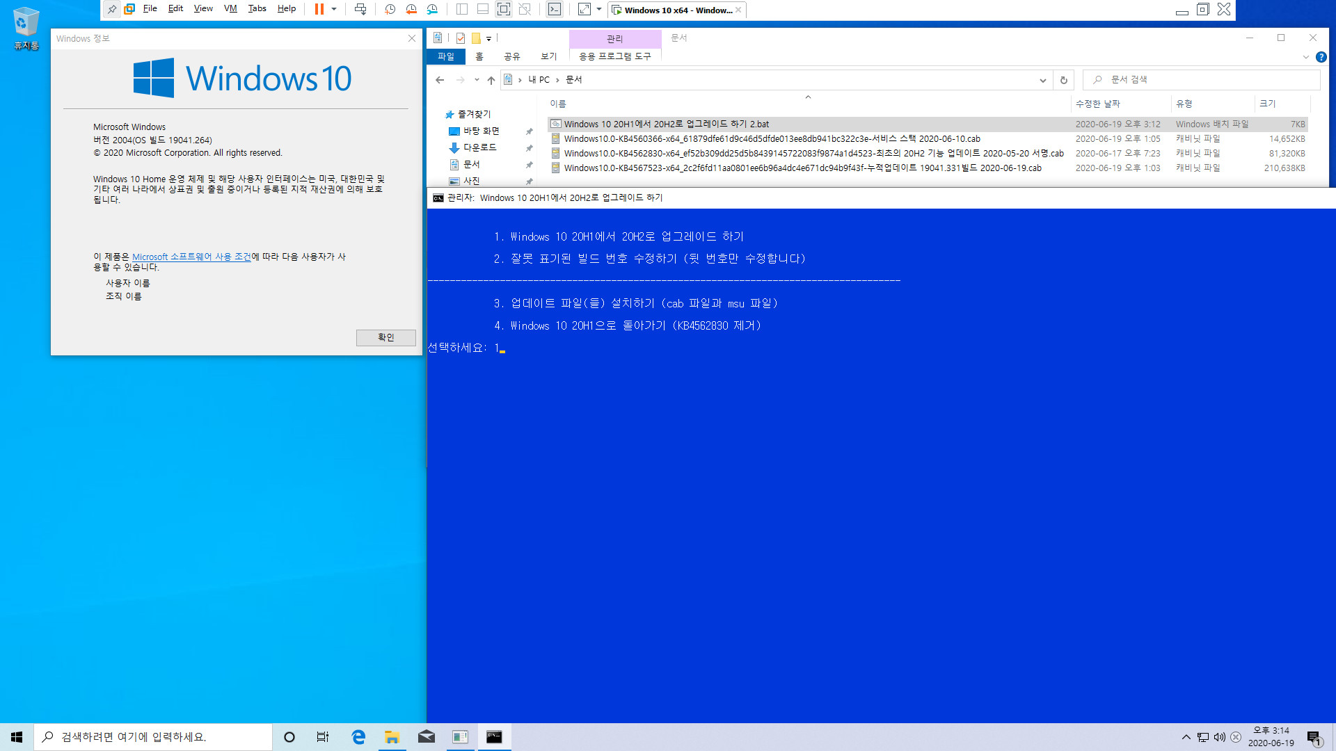 Windows 10 20H1에서 20H2로 업그레이드 하기 2.bat - 잘못 표기된 빌드 번호 수정 포함 2020-06-19_151435.jpg