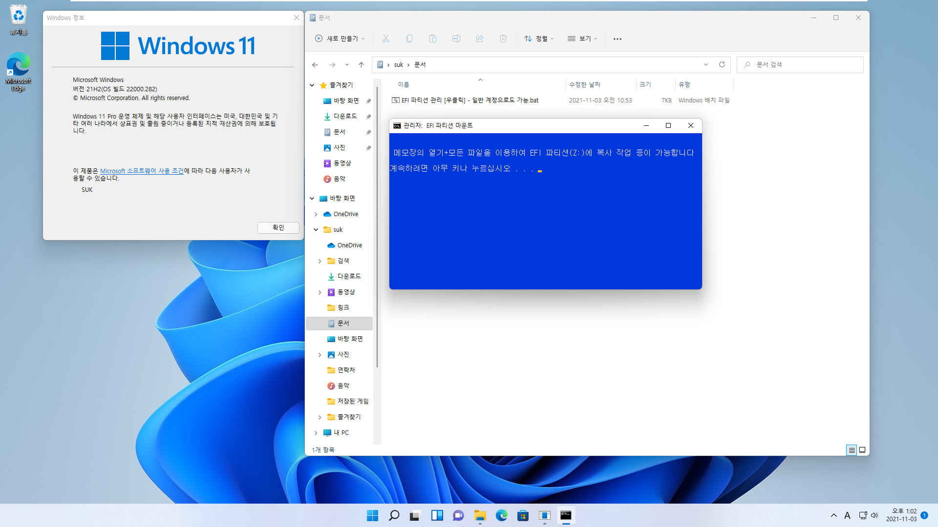 EFI 파티션 관리 [우클릭] - 일반 계정으로도 가능.bat 테스트 2021-11-03_130242.jpg