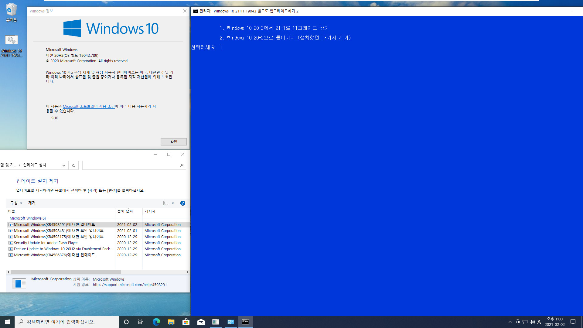 Windows 10 21H1 19043 빌드로 업그레이드하기 2 - 재부팅 메시지만 수정.bat 테스트 2021-02-02_130055.jpg
