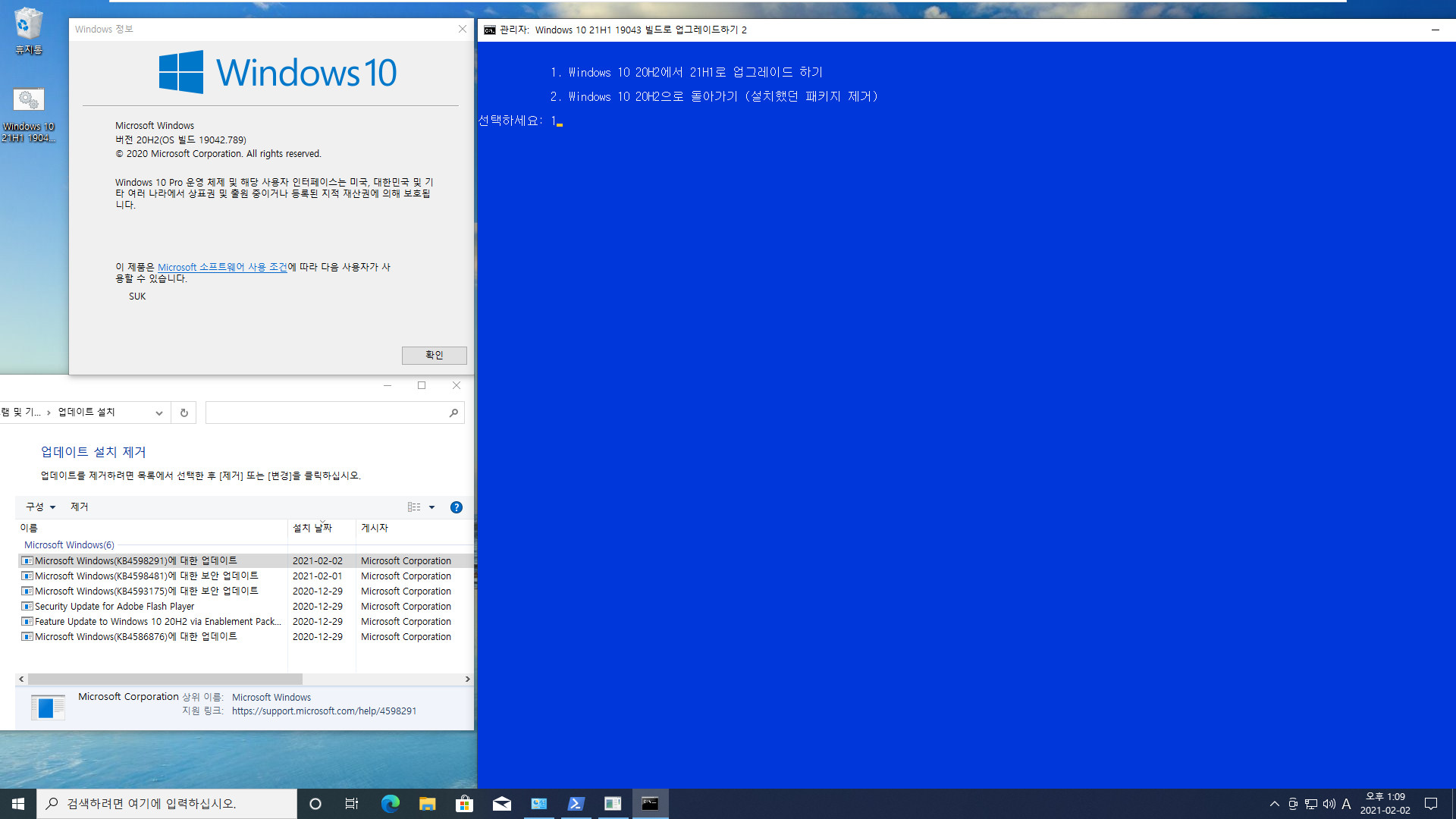 Windows 10 21H1 19043 빌드로 업그레이드하기 2 - 재부팅 메시지만 수정.bat 테스트 2021-02-02_130908.jpg