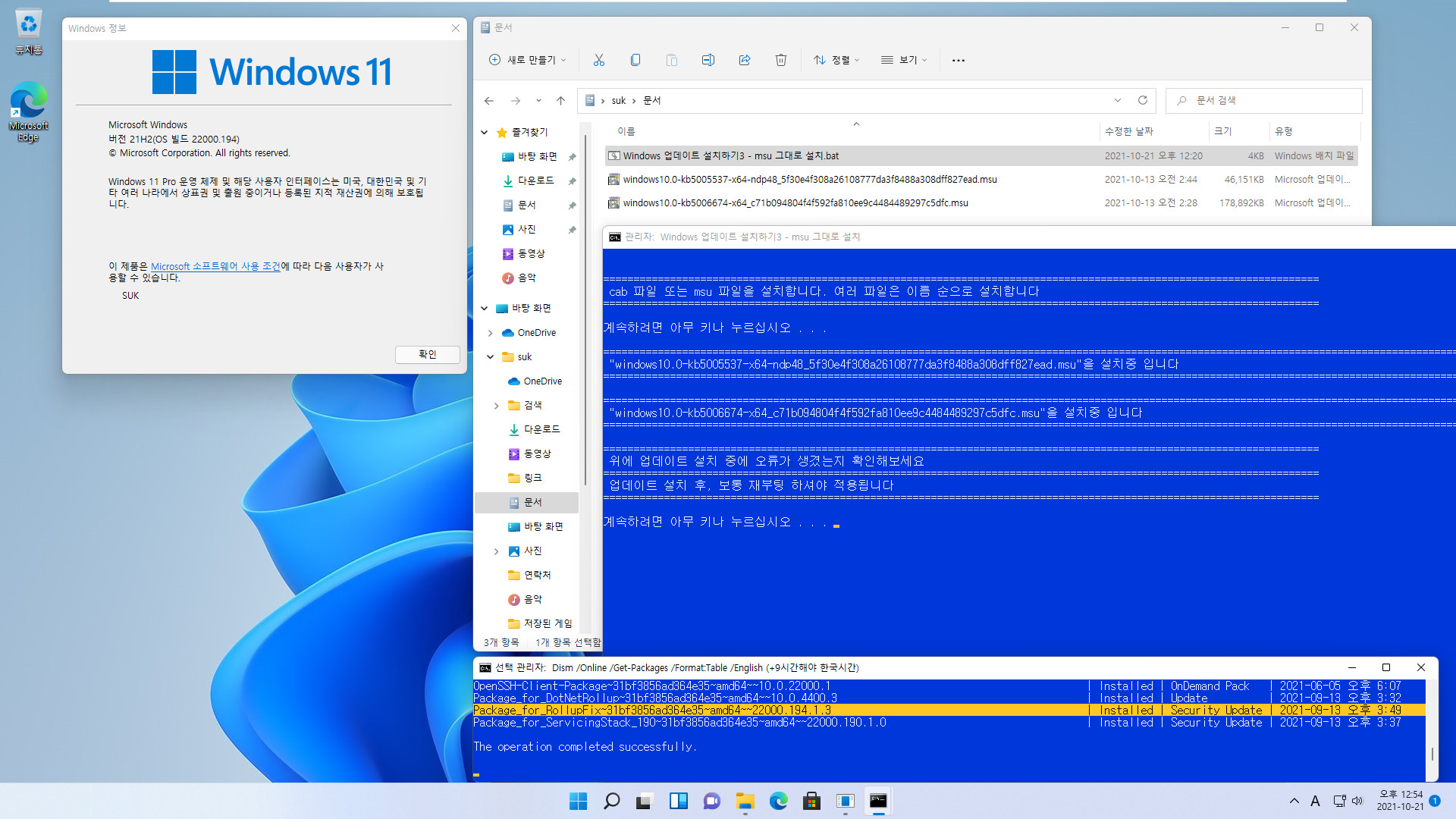 Windows 업데이트 설치하기3 - msu 그대로 설치.bat 테스트 2021-10-21_125413.jpg