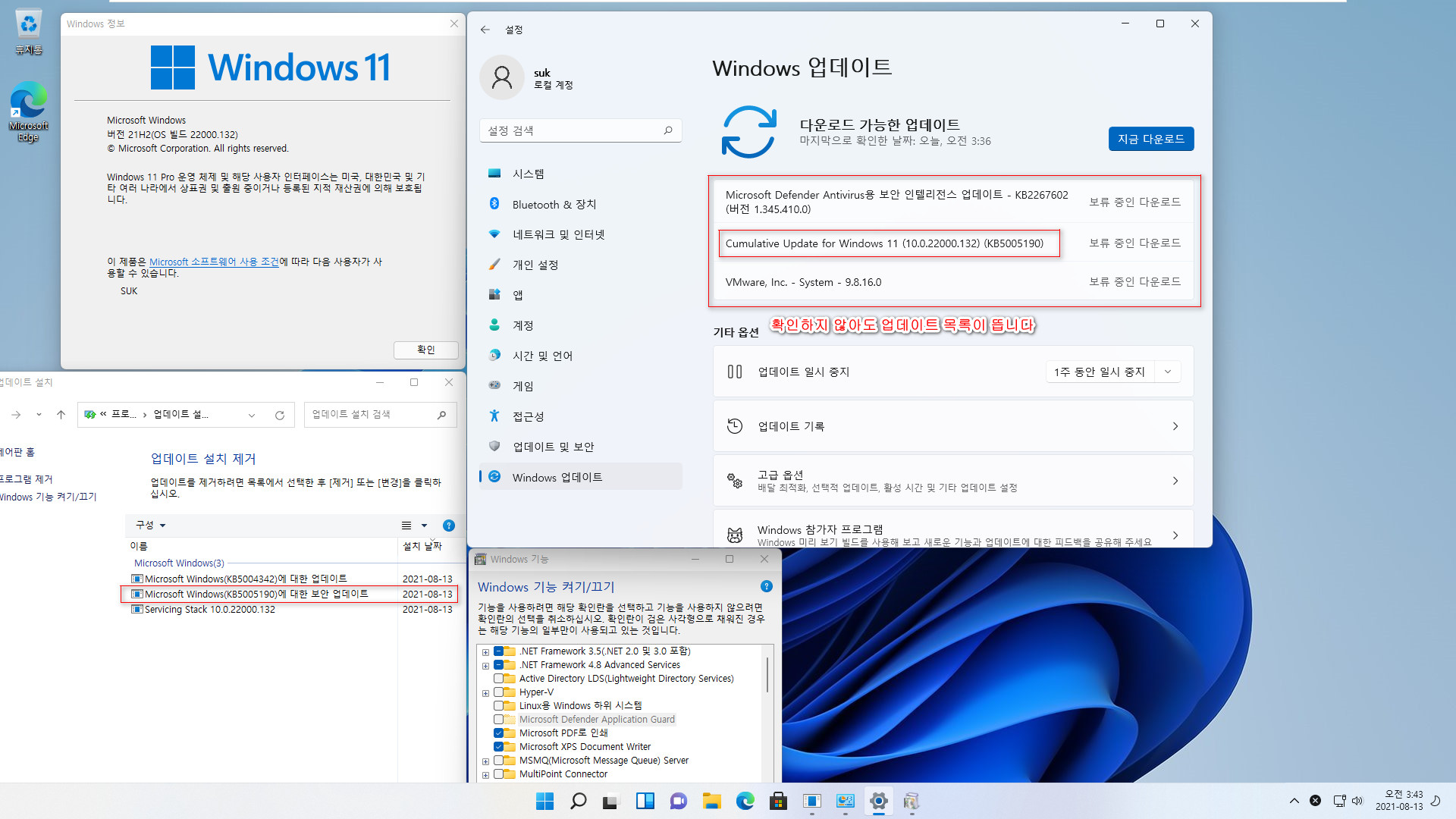Windows 11 인사이더 프리뷰 - 버전 21H2 (OS 빌드 22000.132) 나왔네요 - 개발자 채널 + 베타 채널 2021-08-13_034324.jpg