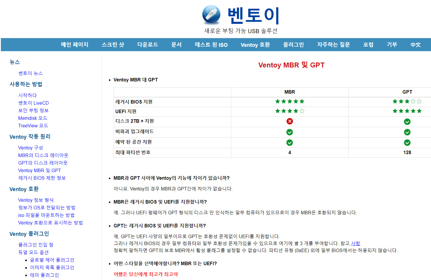 Ventoy는 MBR 디스크나 GPT 디스크를 사용해도 둘다 BIOS 부팅과 UEFI 부팅 지원을 해줍니다. 호환성 차이는 있습니다 2020-11-20_095039.jpg