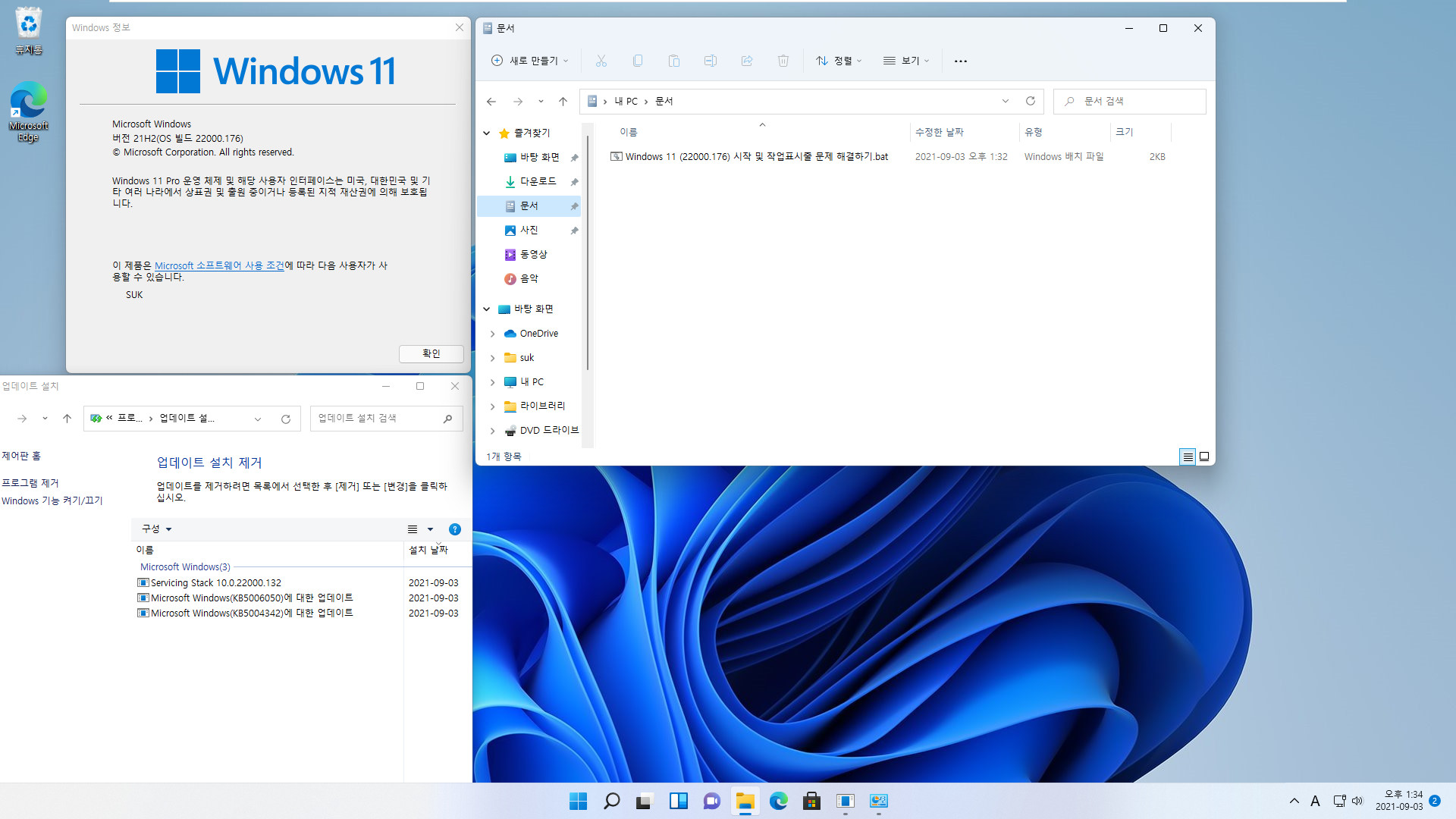 Windows 11 (22000.176) 시작 및 작업표시줄 문제 해결하기.bat 테스트 - 제 경우는 문제가 없었기 때문에 효과가 있는지도 모르겠습니다 2021-09-03_133427.jpg
