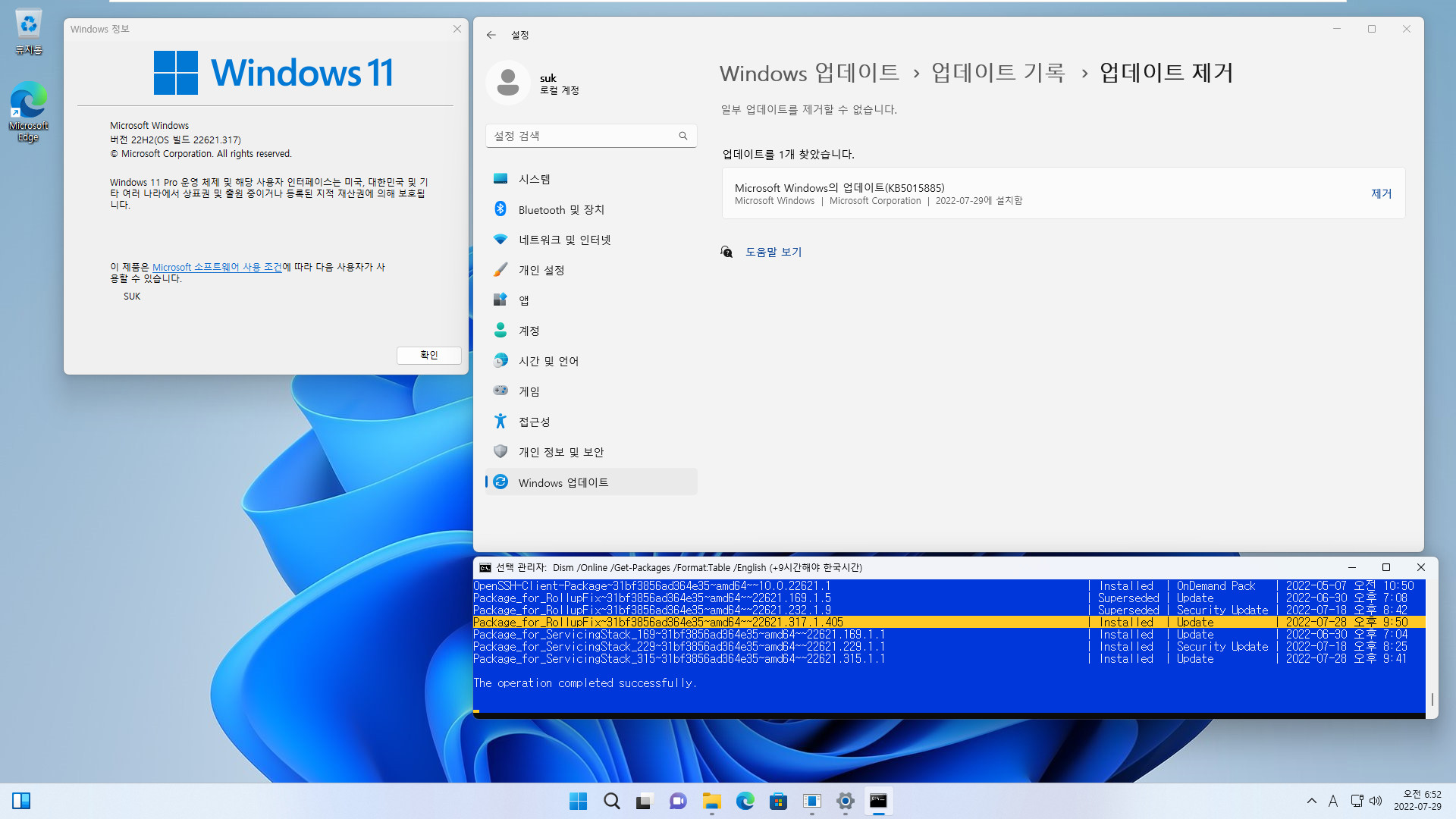 2022-07-29 금요일 - 릴리스 프리뷰 채널 - Windows 11 버전 22H2, 빌드 22621.317 - 누적 업데이트 KB5015885 - vmware에 설치 테스트 2022-07-29_065212.jpg